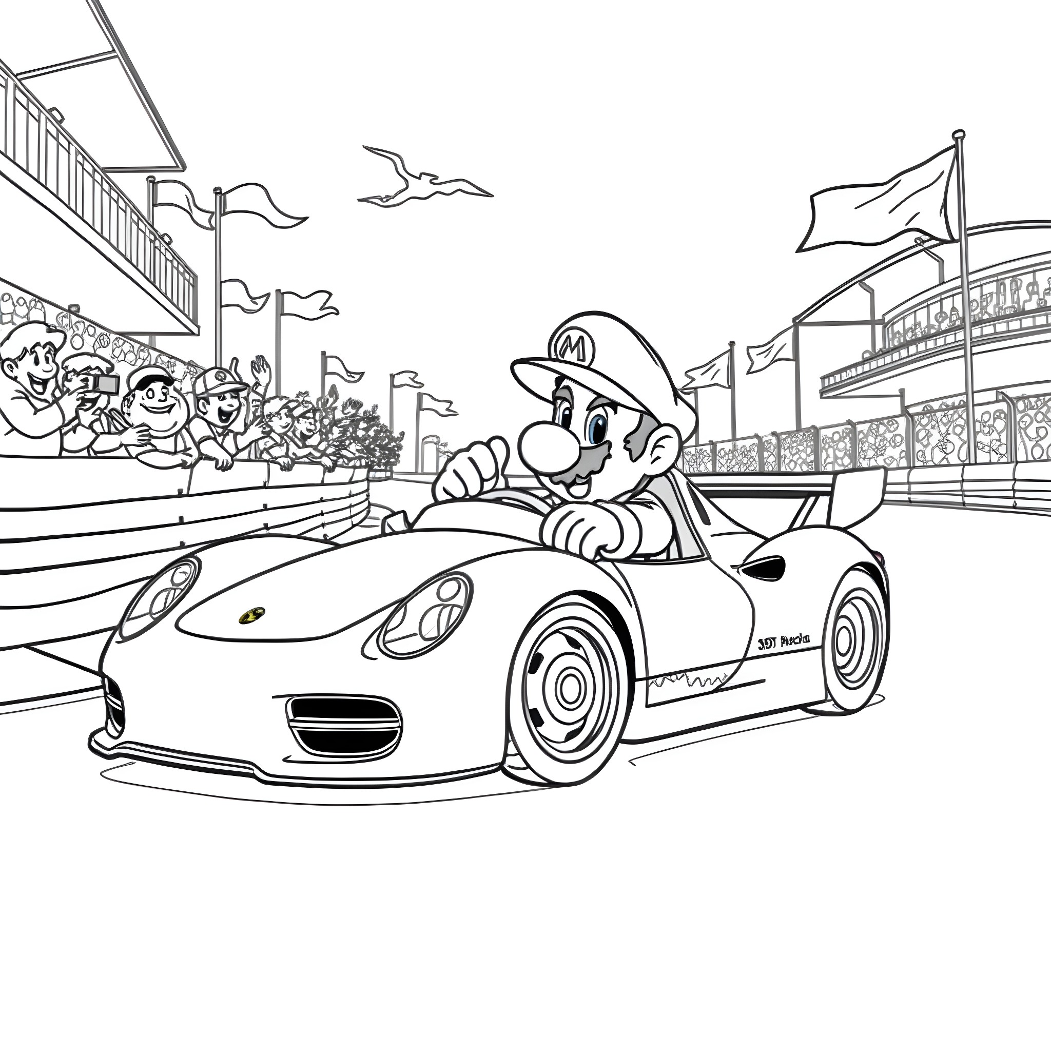 Mario racing in a sports car at the stadium Coloring Page (free black-and-white line drawing printable PDF for all, from beginners to advanced learners, including children, teens, adults, and seniors)