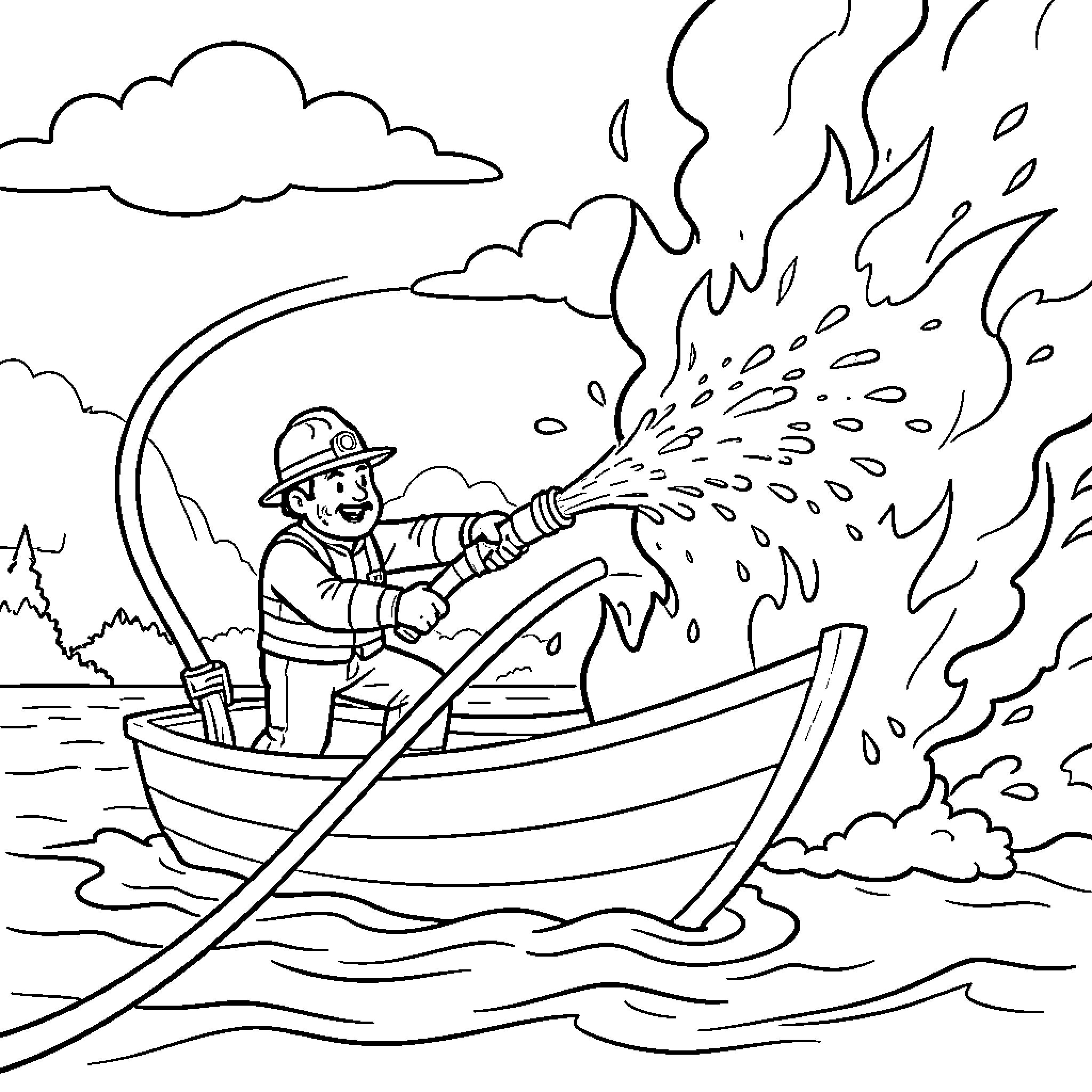 Firefighter battling flames on the water Coloring Page (free black-and-white line drawing printable PDF for all, from beginners to advanced learners, including children, teens, adults, and seniors)