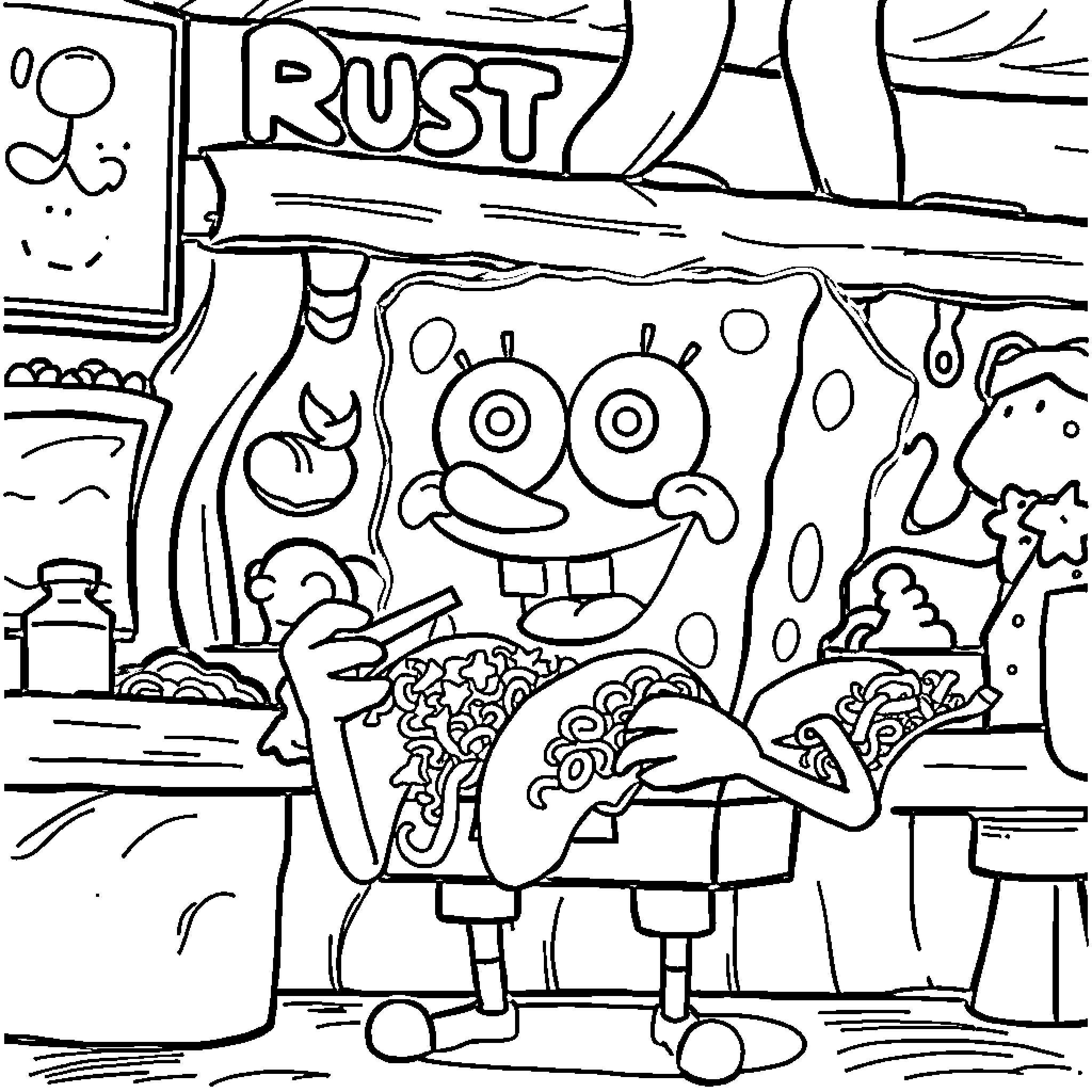Spongebob enjoying a rusty day in his underwater home Coloring Page (free black-and-white line drawing printable PDF for all, from beginners to advanced learners, including children, teens, adults, and seniors)