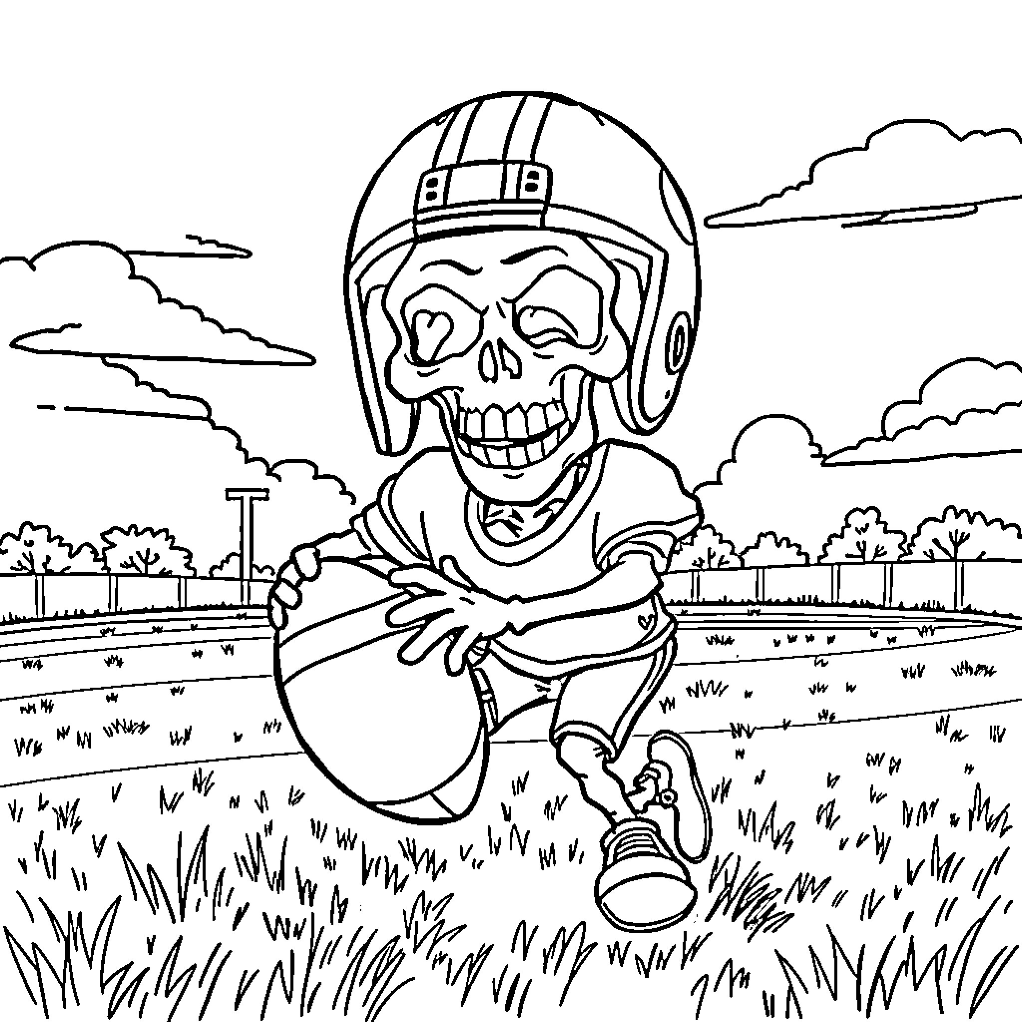 Skull enjoying a fun football game outdoors Coloring Page (free black-and-white line drawing printable PDF for all, from beginners to advanced learners, including children, teens, adults, and seniors)