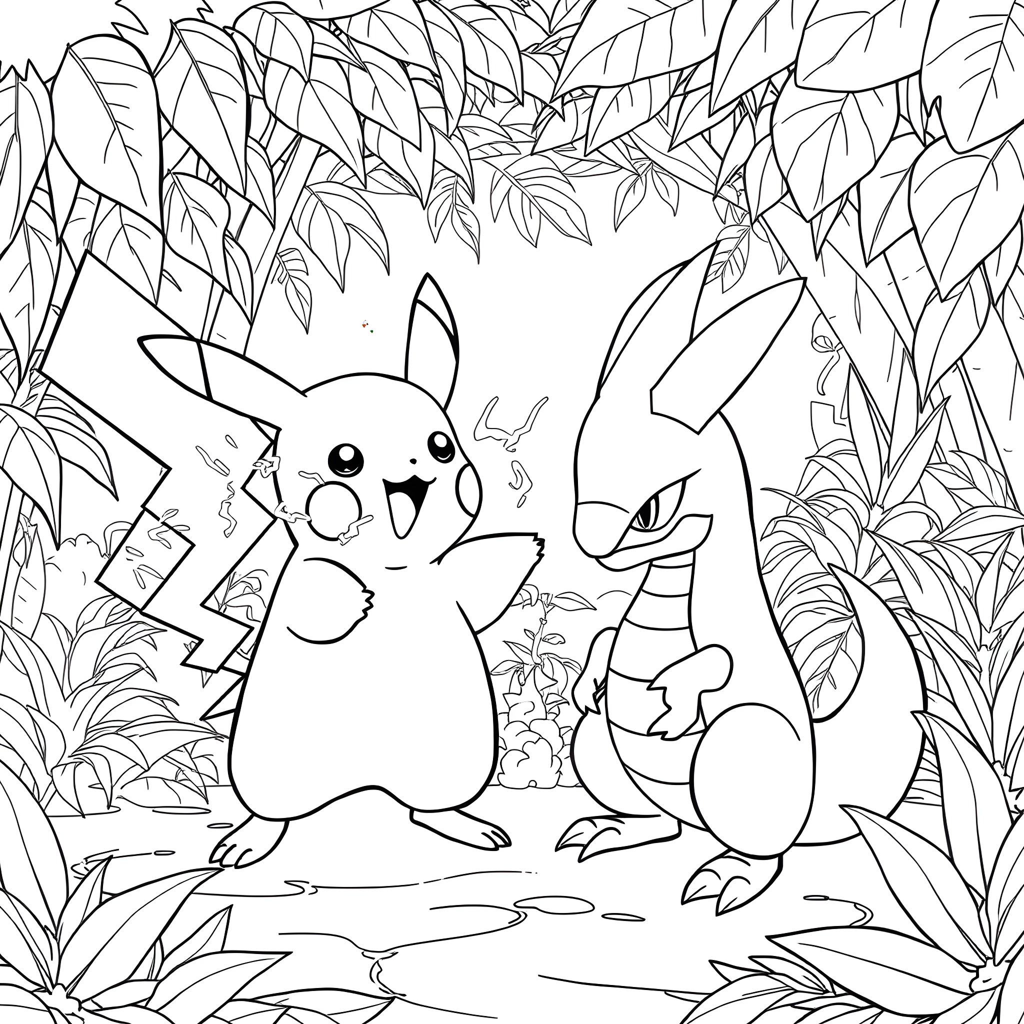 Pikachu and Charmander Enjoying the Outdoors Coloring Page (free black-and-white line drawing printable PDF for all, from beginners to advanced learners, including children, teens, adults, and seniors)