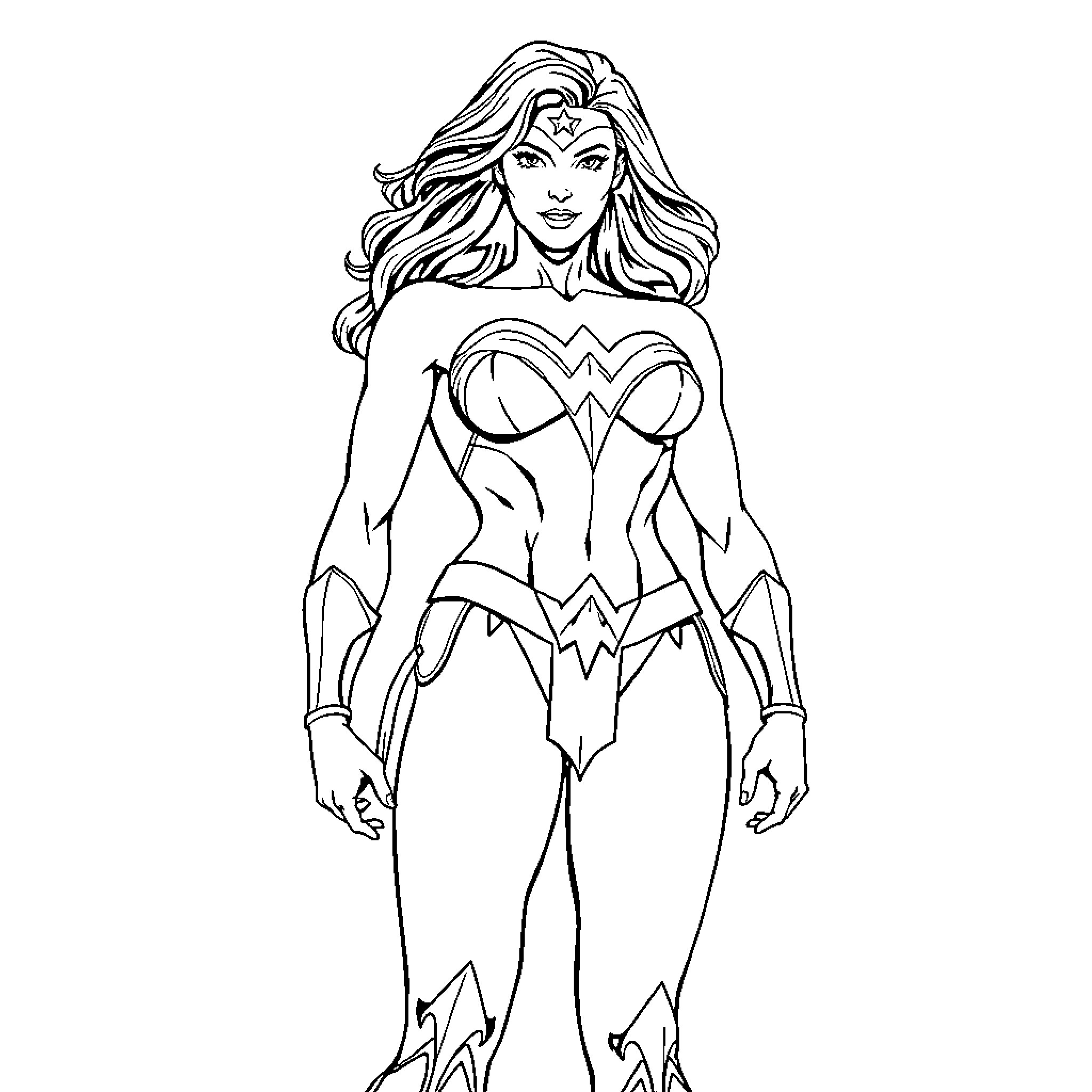 Wonder Woman in heroic stance with iconic costume Coloring Page (free black-and-white line drawing printable PDF for all, from beginners to advanced learners, including children, teens, adults, and seniors)