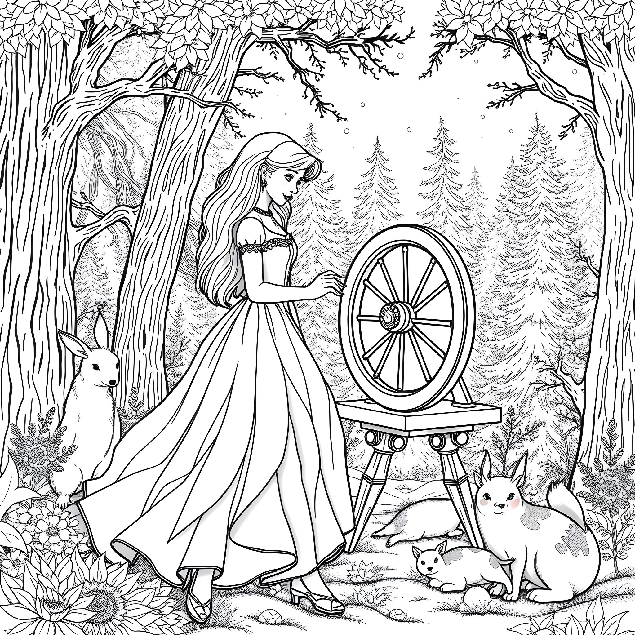 Sleeping Beauty in the Enchanted Forest Coloring Page (free black-and-white line drawing printable PDF for all, from beginners to advanced learners, including children, teens, adults, and seniors)