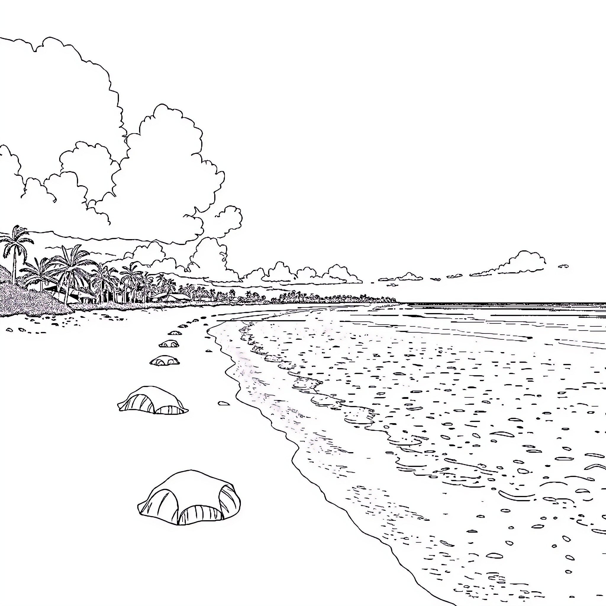 Beach landscape with palm trees and tents Coloring Page (free black-and-white line drawing printable PDF for all, from beginners to advanced learners, including children, teens, adults, and seniors)