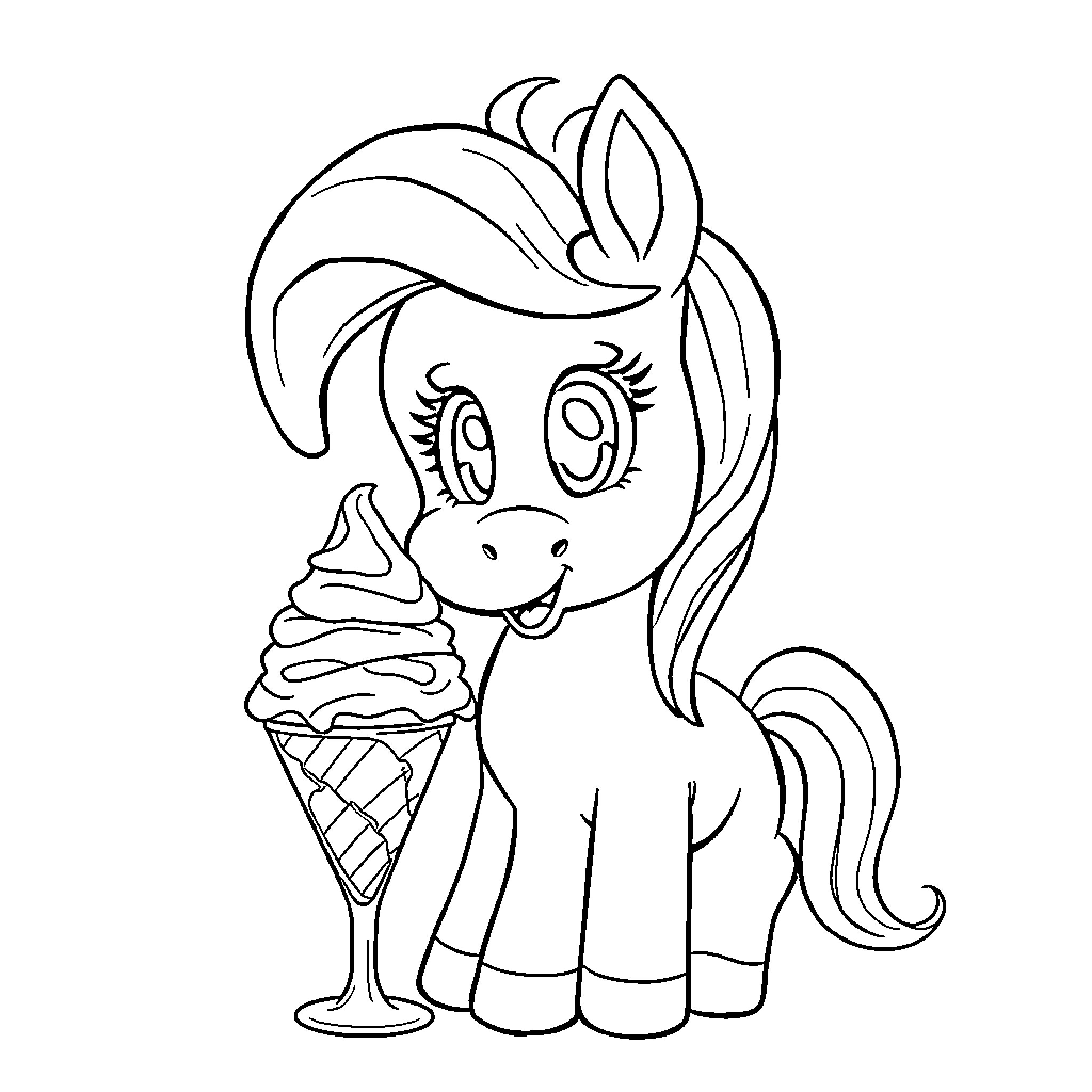 Pony enjoying a tasty ice cream treat Coloring Page (free black-and-white line drawing printable PDF for all, from beginners to advanced learners, including children, teens, adults, and seniors)