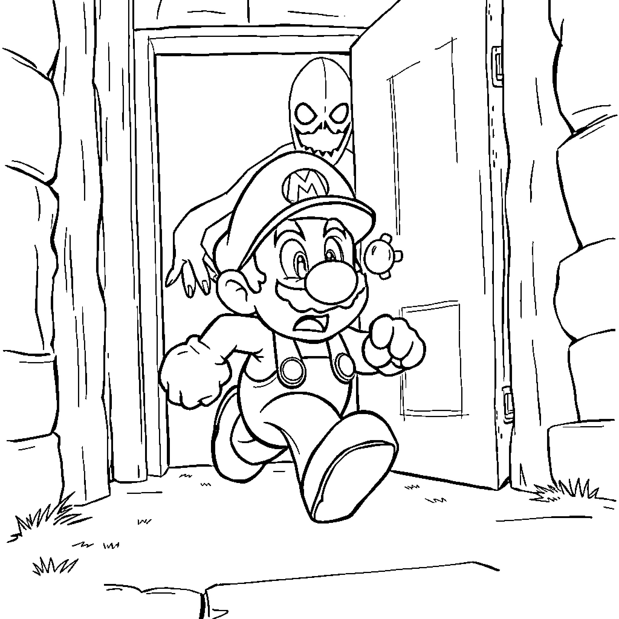 Super Mario Encountering Spooky Foe in Haunted Surroundings Coloring Page (free black-and-white line drawing printable PDF for all, from beginners to advanced learners, including children, teens, adults, and seniors)