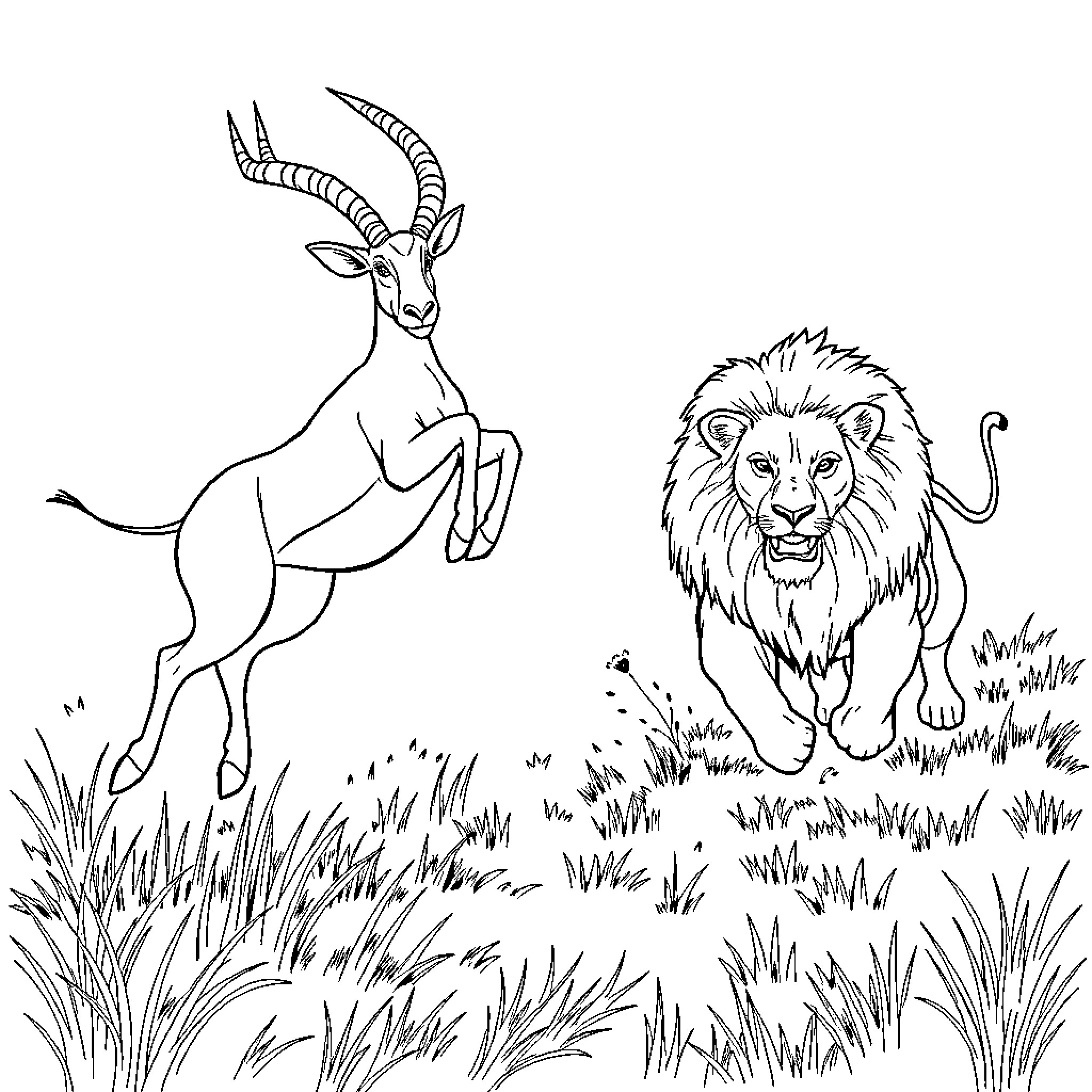 Springbok and Lion in Serengeti Landscape Coloring Page (free black-and-white line drawing printable PDF for all, from beginners to advanced learners, including children, teens, adults, and seniors)