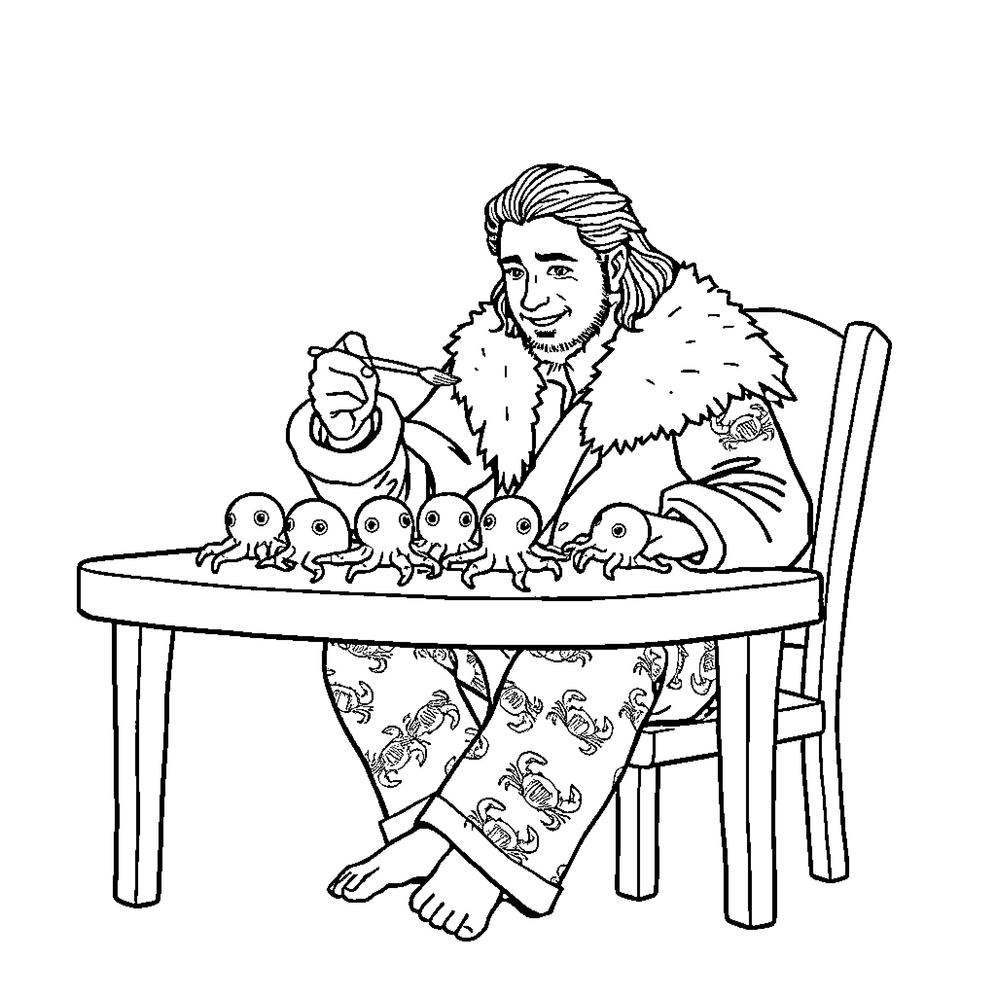Jon Snow enjoys a cozy meal with cute companions Coloring Page (free black-and-white line drawing printable PDF for all, from beginners to advanced learners, including children, teens, adults, and seniors)