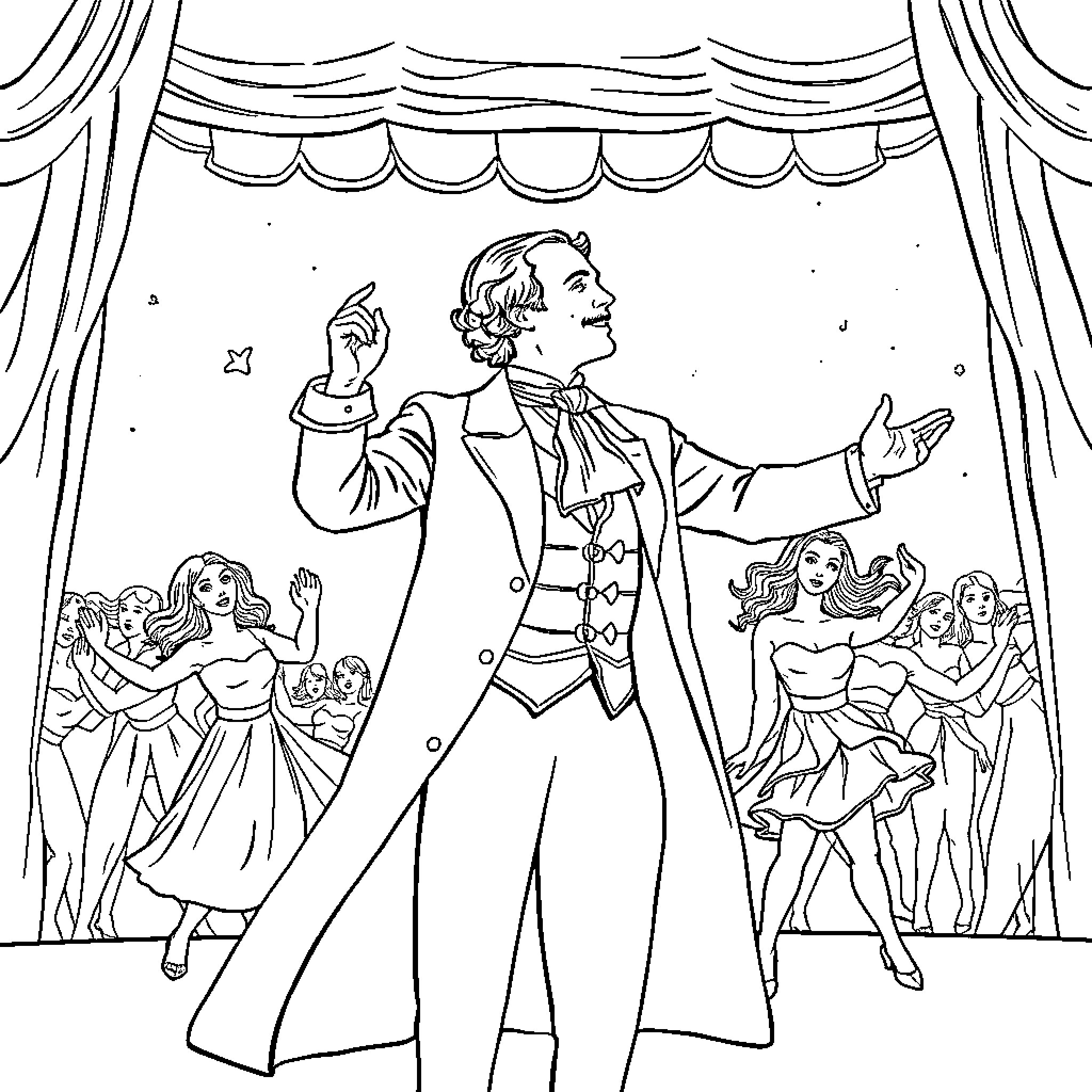 Hamilton Performing on Stage with Ensemble Coloring Page (free black-and-white line drawing printable PDF for all, from beginners to advanced learners, including children, teens, adults, and seniors)