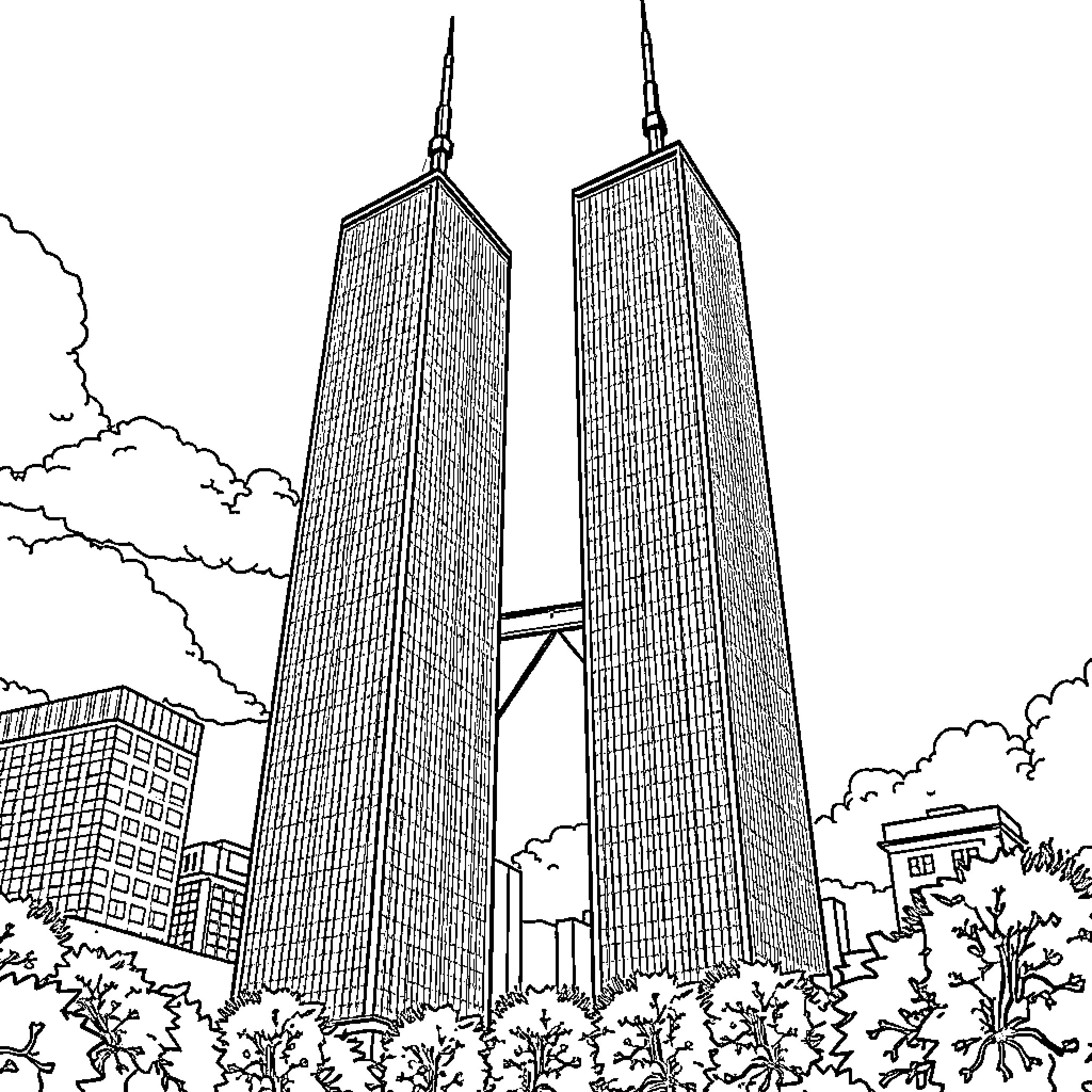 Twin Towers standing tall in the city skyline Coloring Page (free black-and-white line drawing printable PDF for all, from beginners to advanced learners, including children, teens, adults, and seniors)