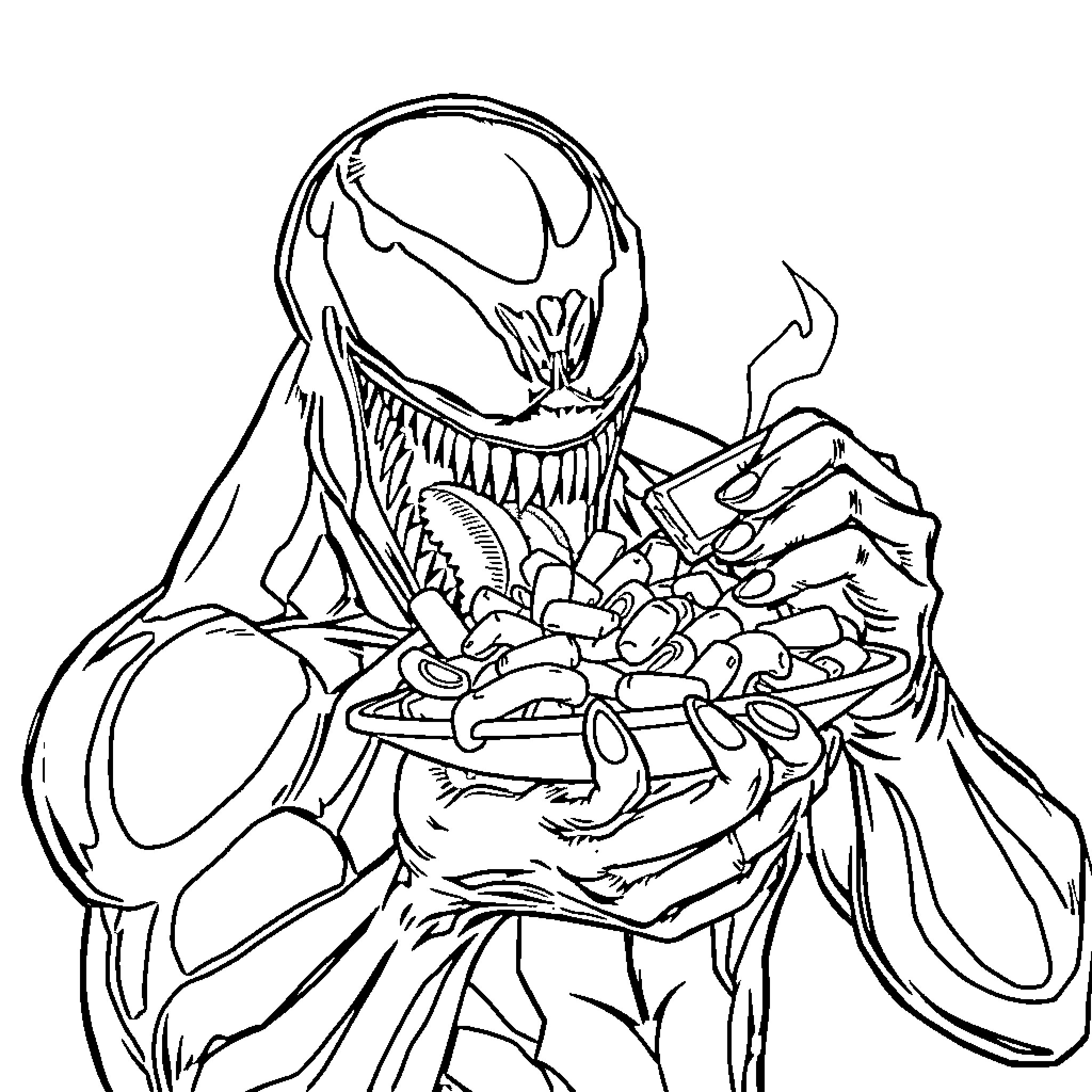 Venom devouring its prey with menacing claws Coloring Page (free black-and-white line drawing printable PDF for all, from beginners to advanced learners, including children, teens, adults, and seniors)