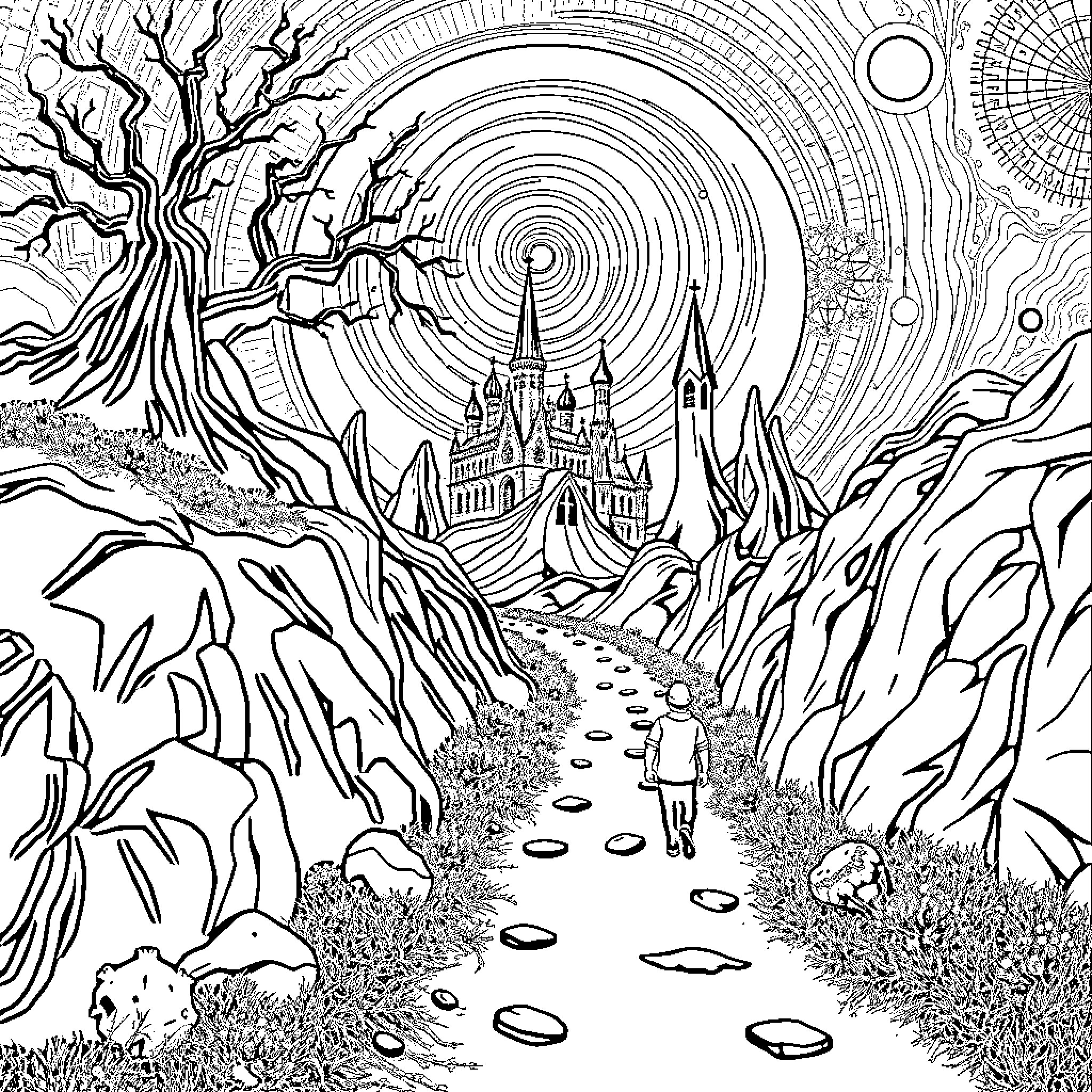 Persona: Wandering the Enchanted Landscape Coloring Page (free black-and-white line drawing printable PDF for all, from beginners to advanced learners, including children, teens, adults, and seniors)