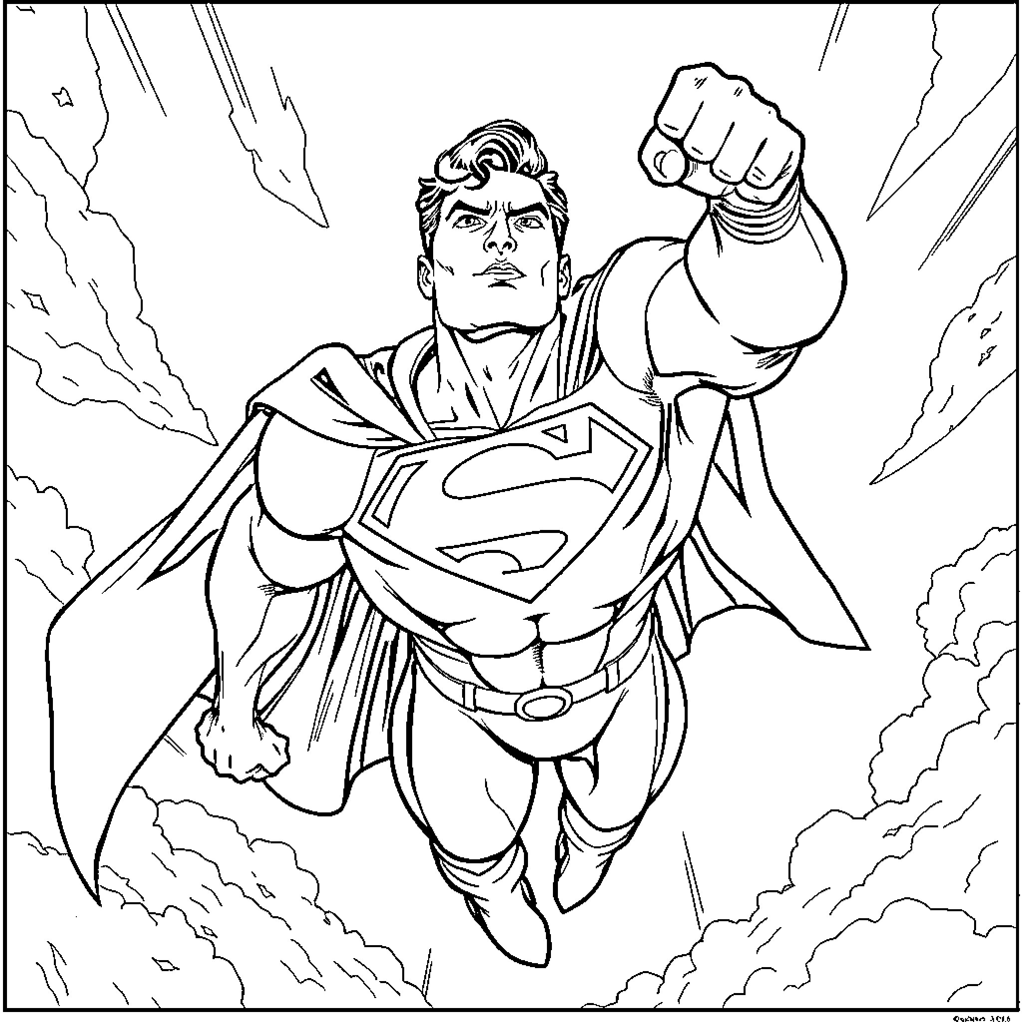 Superman flying heroically through the clouds with clenched fist Coloring Page (free black-and-white line drawing printable PDF for all, from beginners to advanced learners, including children, teens, adults, and seniors)