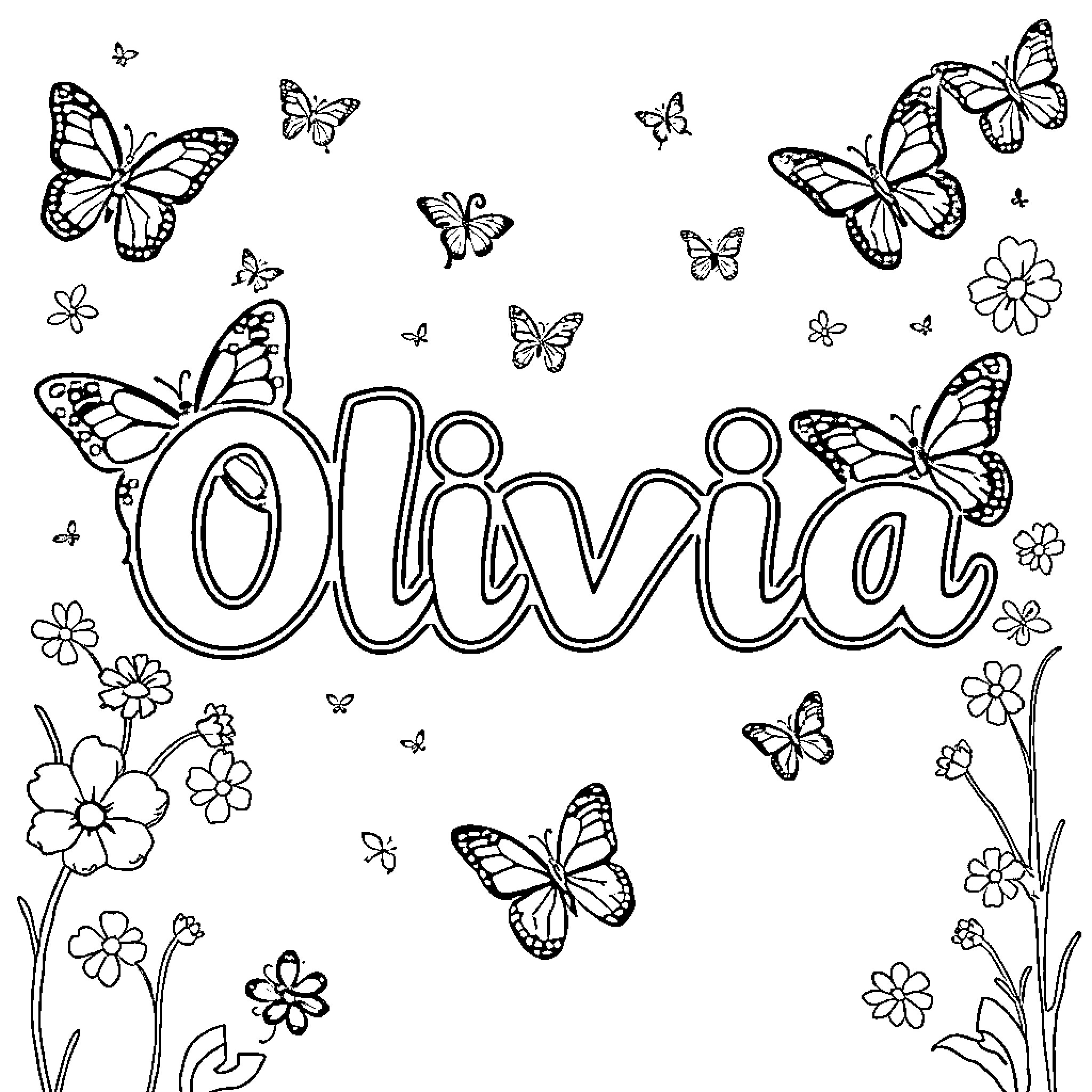 Olivia's Vibrant Butterfly Garden Coloring Page (free black-and-white line drawing printable PDF for all, from beginners to advanced learners, including children, teens, adults, and seniors)