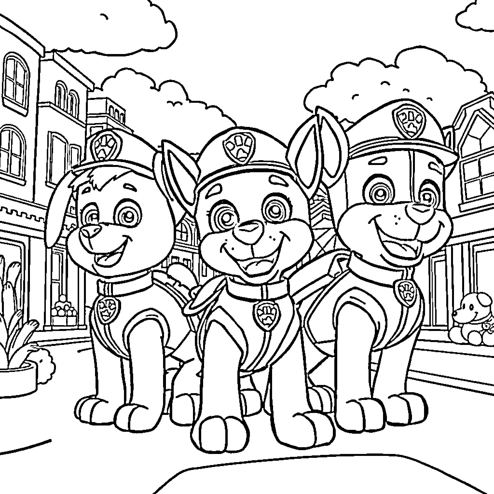 Paw Patrol Pups on Patrol in the City Coloring Page (free black-and-white line drawing printable PDF for all, from beginners to advanced learners, including children, teens, adults, and seniors)