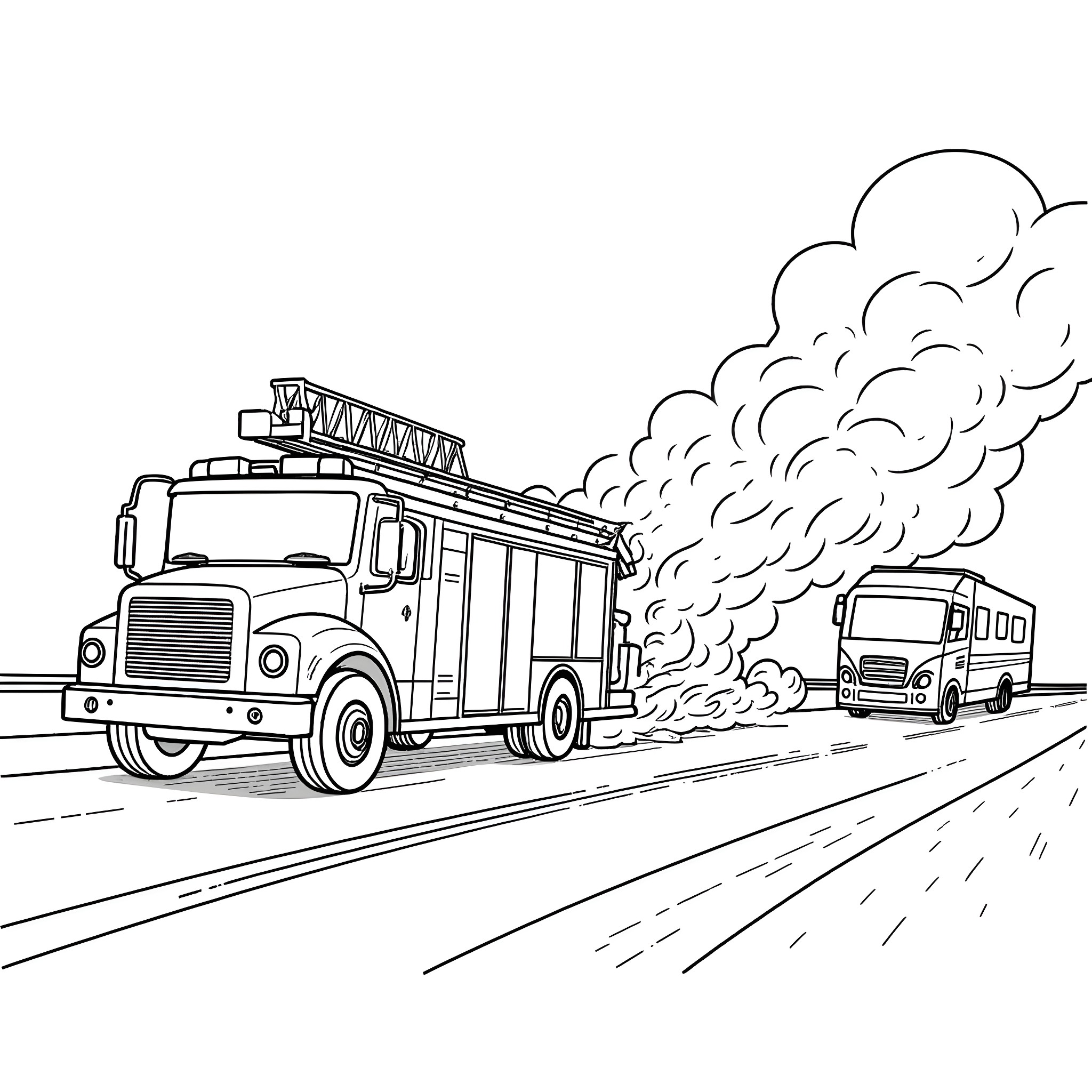 Firetruck responding to emergency with flashing lights Coloring Page (free black-and-white line drawing printable PDF for all, from beginners to advanced learners, including children, teens, adults, and seniors)