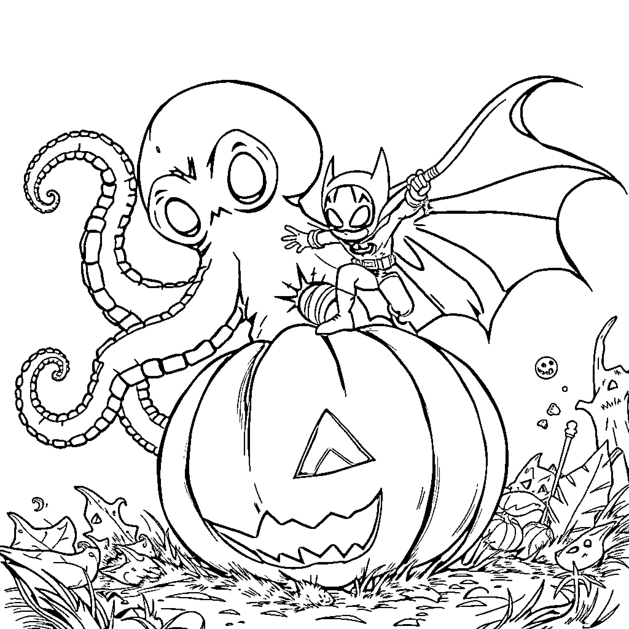 Batman Fighting Spooky Creatures on Halloween Coloring Page (free black-and-white line drawing printable PDF for all, from beginners to advanced learners, including children, teens, adults, and seniors)
