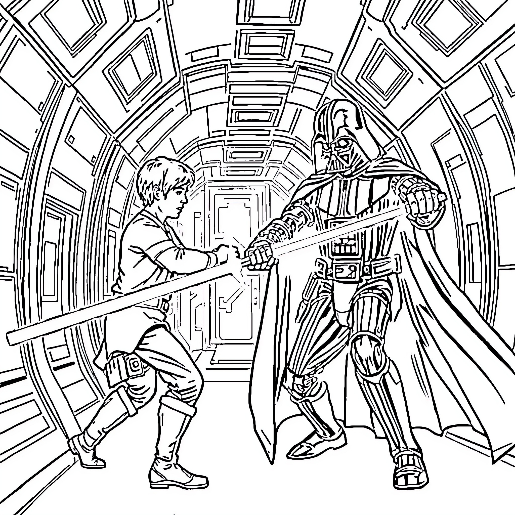 Darth Vader and Luke Skywalker engage in a lightsaber duel Coloring Page (free black-and-white line drawing printable PDF for all, from beginners to advanced learners, including children, teens, adults, and seniors)