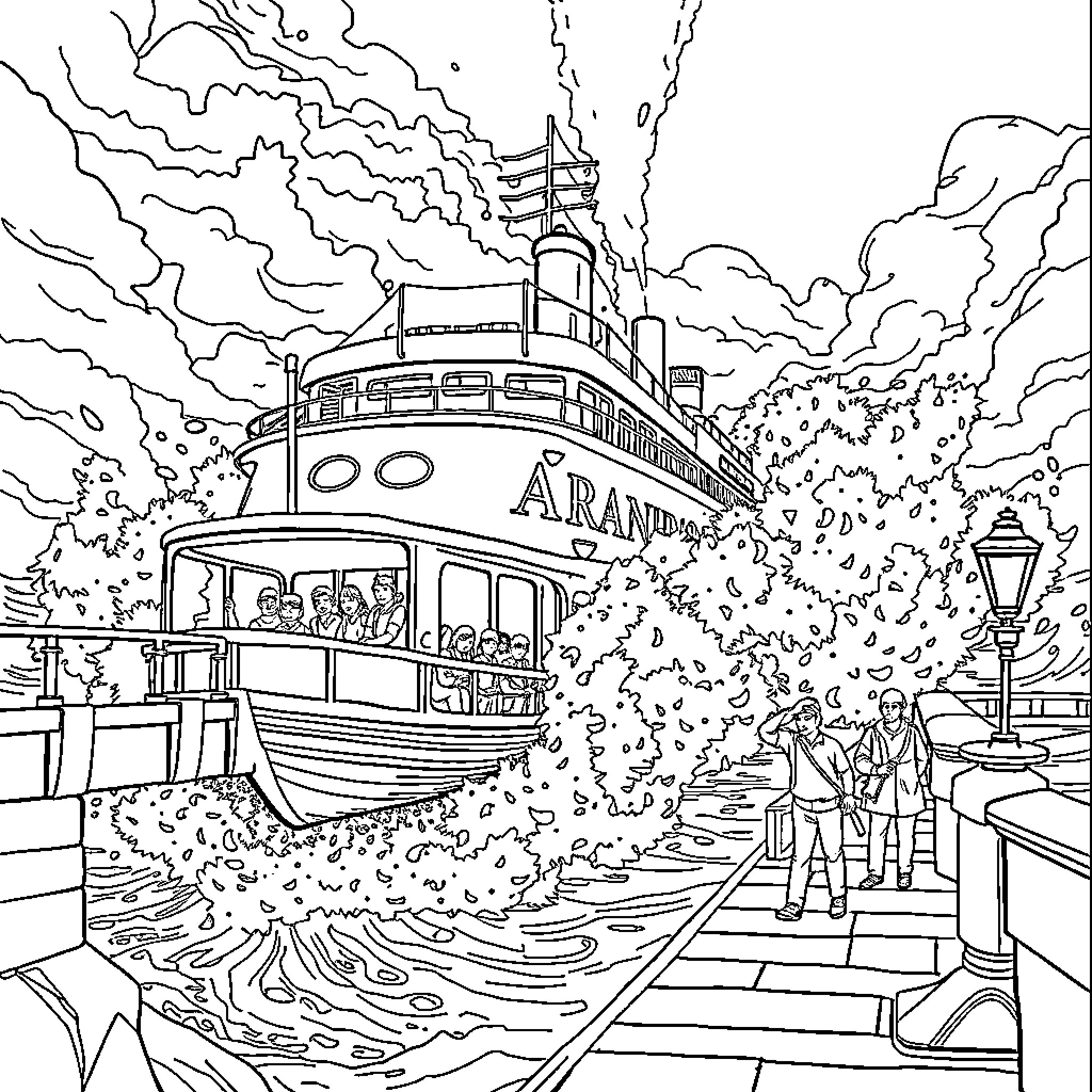 Paquebot navigates a scenic waterway Coloring Page (free black-and-white line drawing printable PDF for all, from beginners to advanced learners, including children, teens, adults, and seniors)