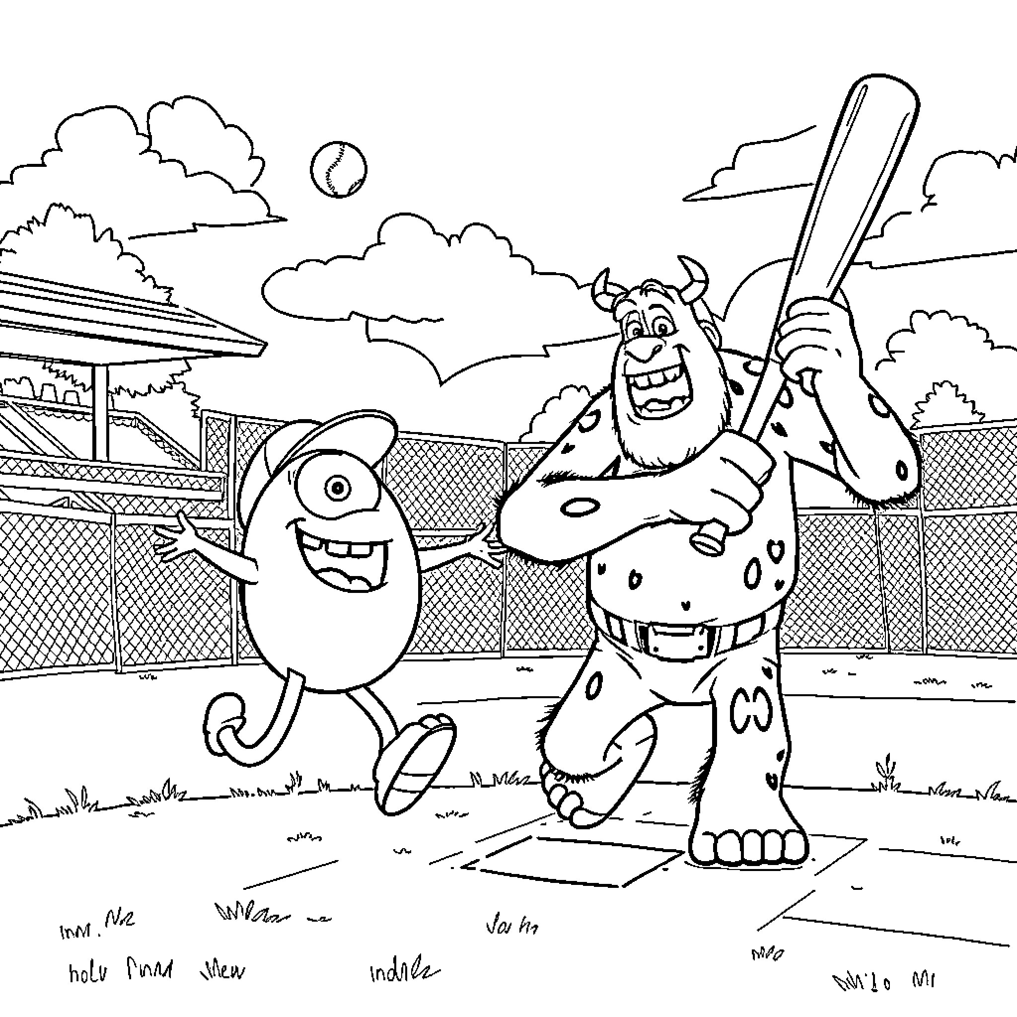 Mike enjoys playing baseball with funny monsters Coloring Page (free black-and-white line drawing printable PDF for all, from beginners to advanced learners, including children, teens, adults, and seniors)