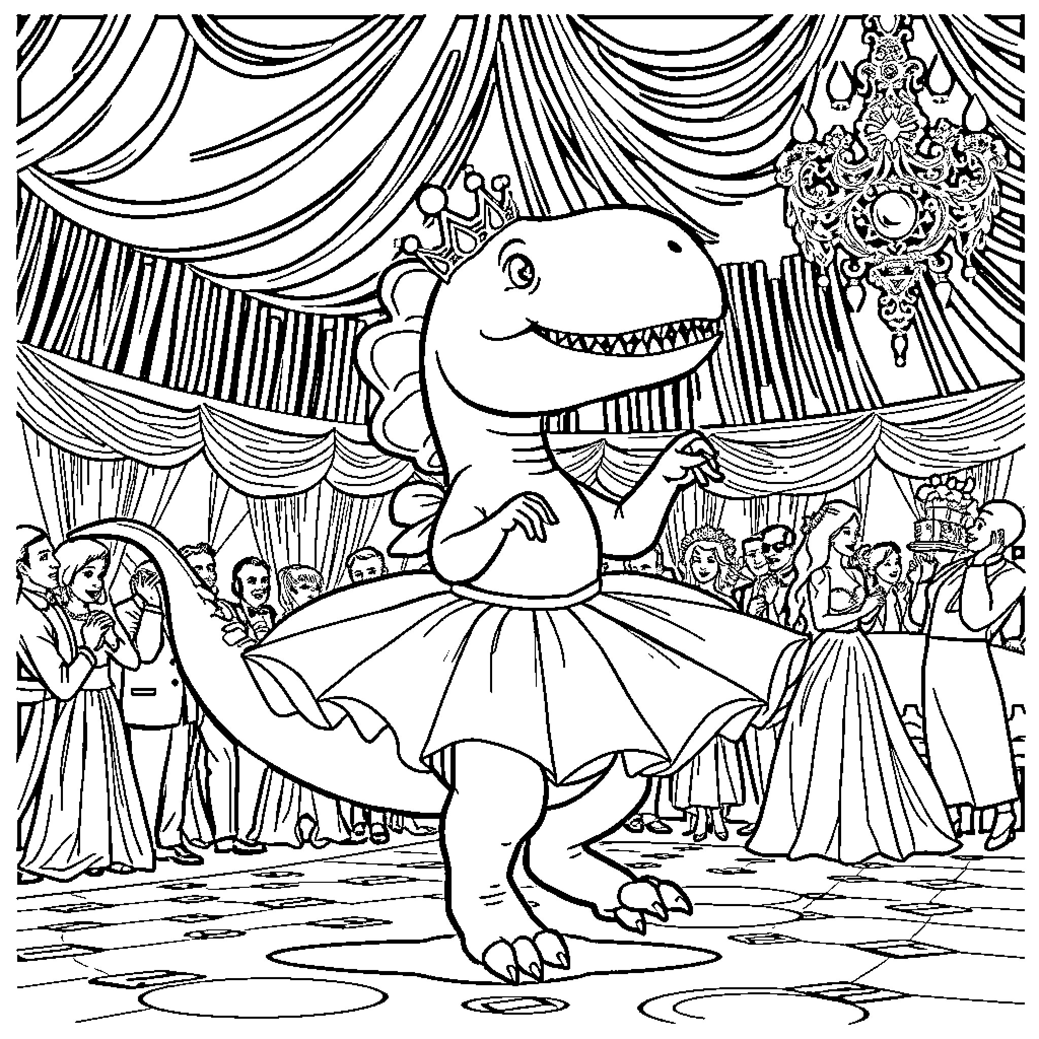 Dinosaur ballerina performing on stage Coloring Page (free black-and-white line drawing printable PDF for all, from beginners to advanced learners, including children, teens, adults, and seniors)