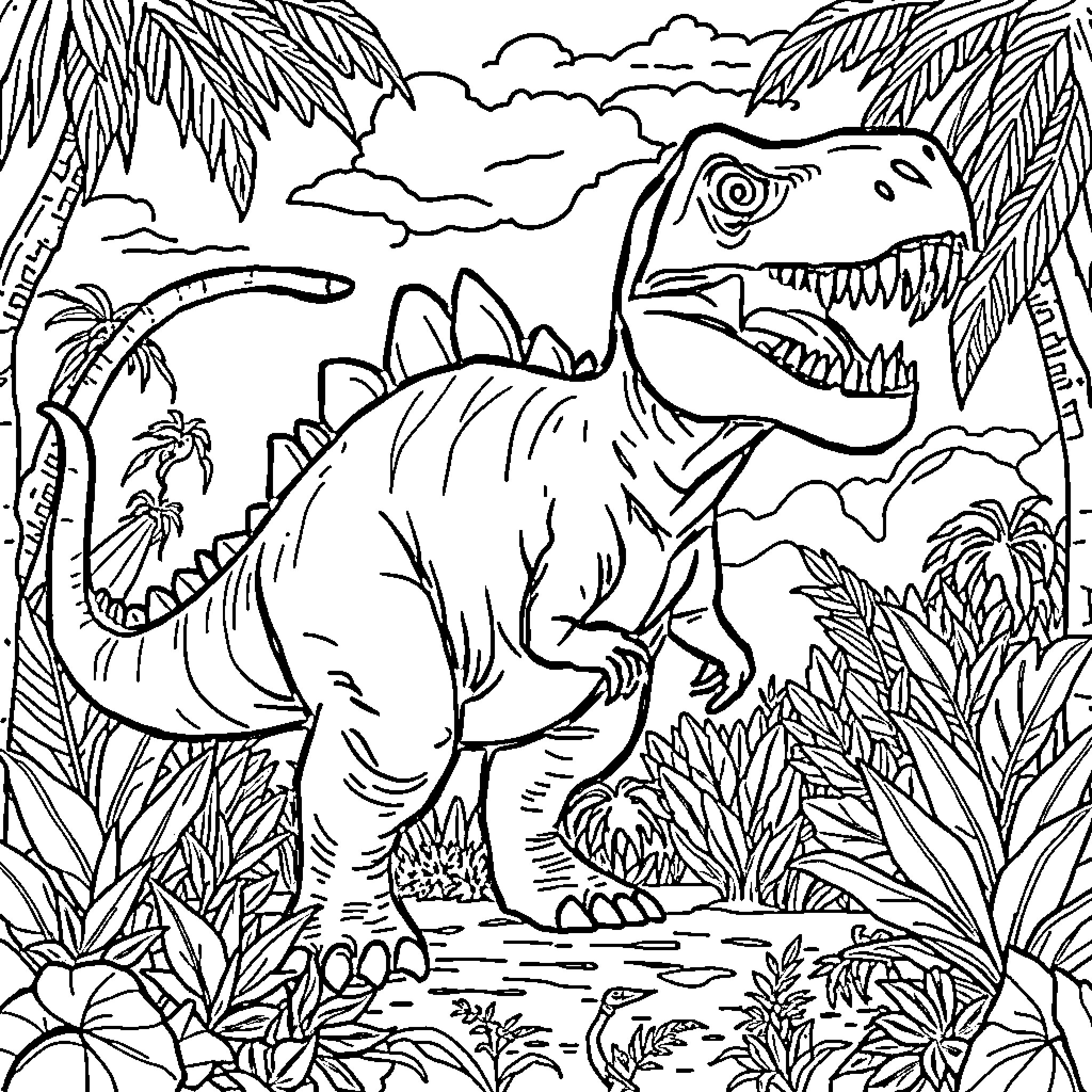 Dinosaur roaming through a lush jungle landscape Coloring Page (free black-and-white line drawing printable PDF for all, from beginners to advanced learners, including children, teens, adults, and seniors)