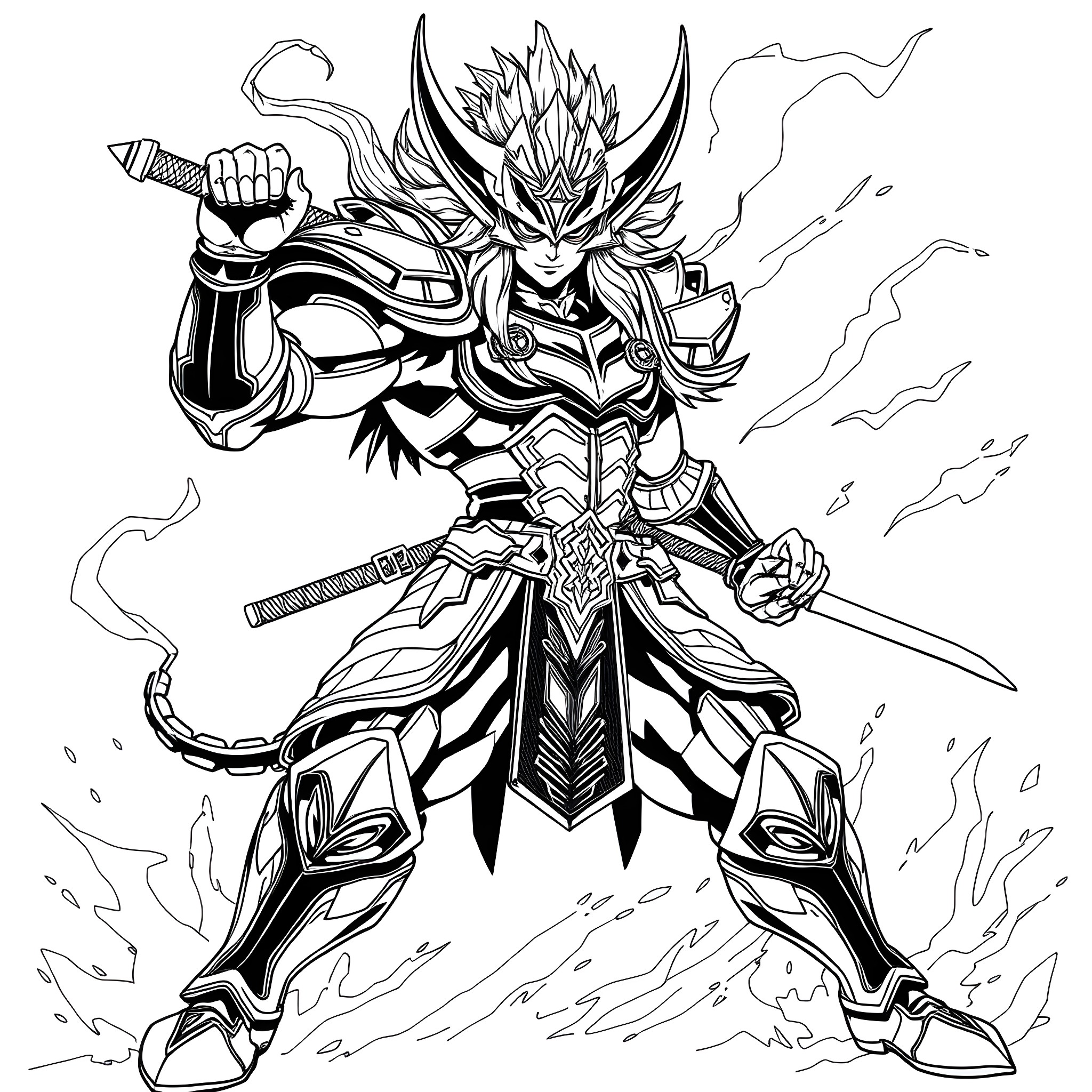 Akatora, the Fierce Warrior in Battle Stance Coloring Page (free black-and-white line drawing printable PDF for all, from beginners to advanced learners, including children, teens, adults, and seniors)