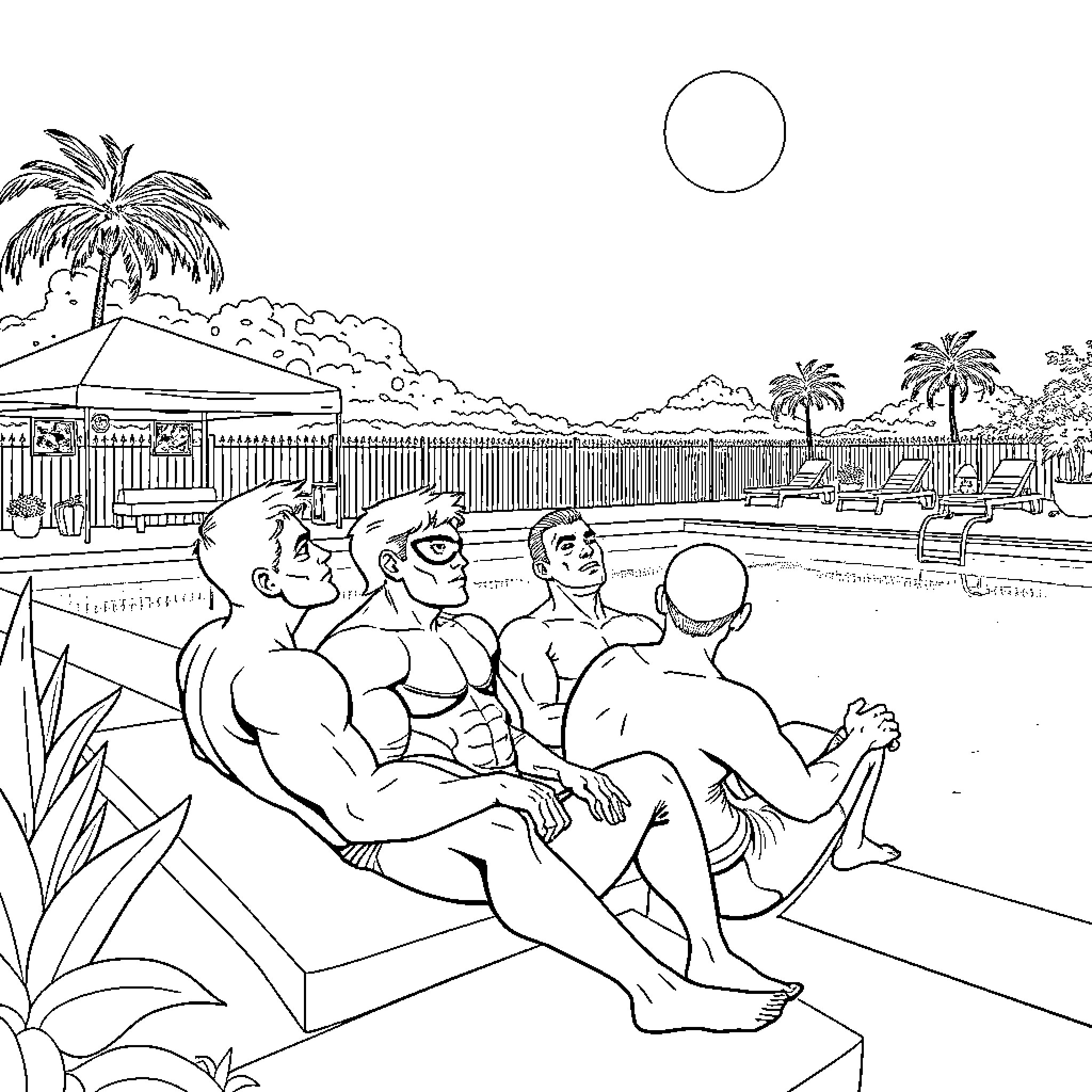 Fantastic Four relaxing by the poolside Coloring Page (free black-and-white line drawing printable PDF for all, from beginners to advanced learners, including children, teens, adults, and seniors)