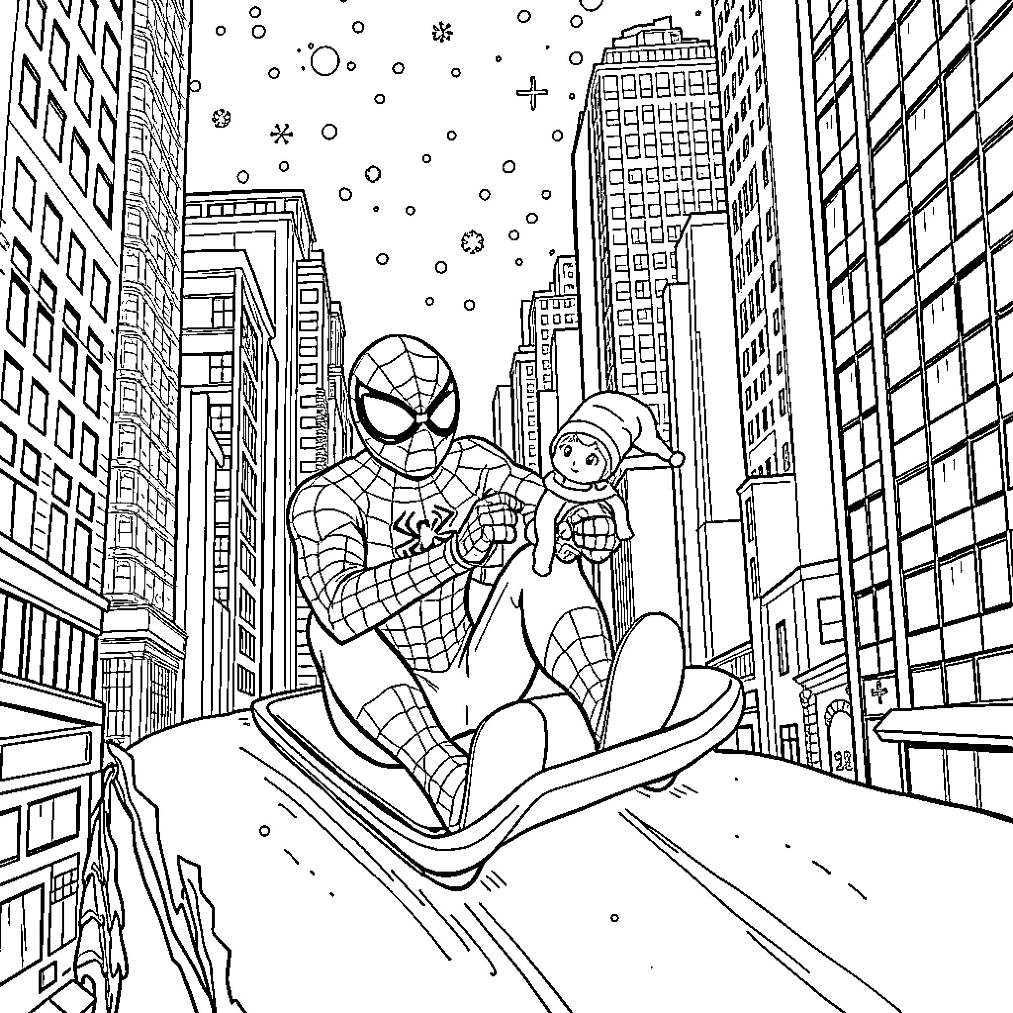 Spider-Man Swinging Through a Winter Wonderland City Coloring Page (free black-and-white line drawing printable PDF for all, from beginners to advanced learners, including children, teens, adults, and seniors)