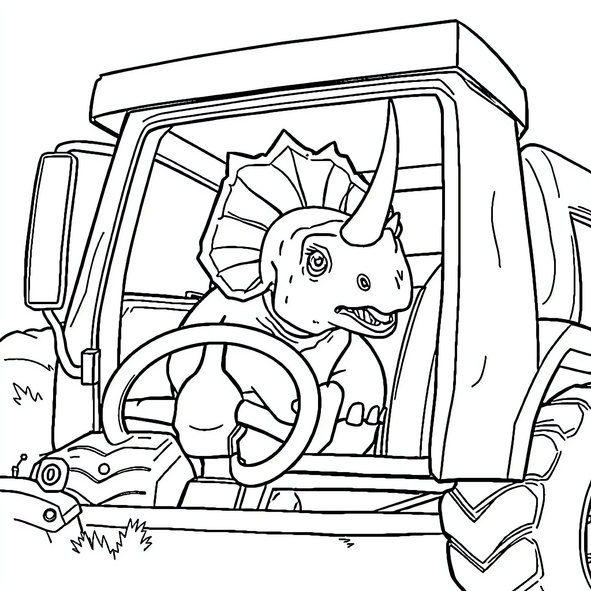 Triceratops riding a car through the wilderness Coloring Page (free black-and-white line drawing printable PDF for all, from beginners to advanced learners, including children, teens, adults, and seniors)