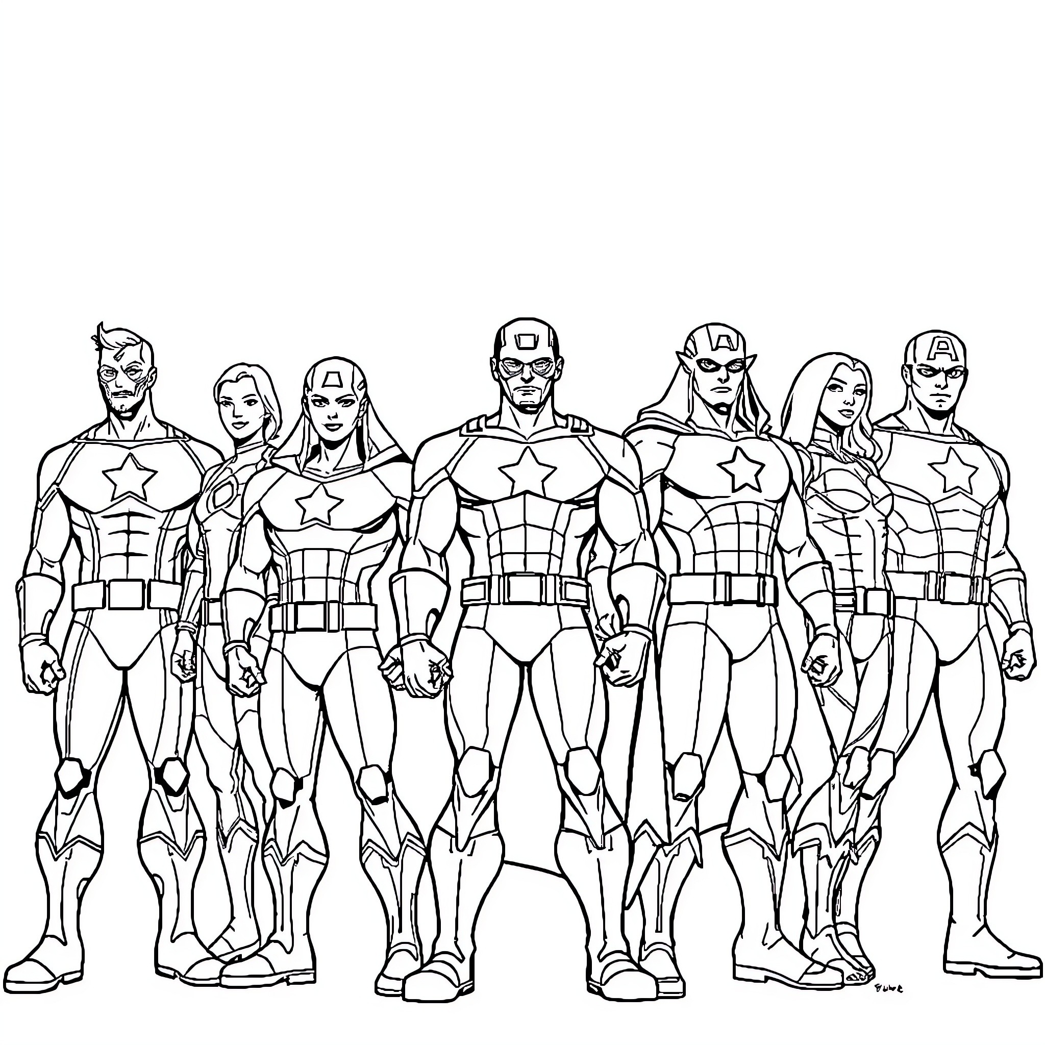 Avenger team assembling for heroic action Coloring Page (free black-and-white line drawing printable PDF for all, from beginners to advanced learners, including children, teens, adults, and seniors)