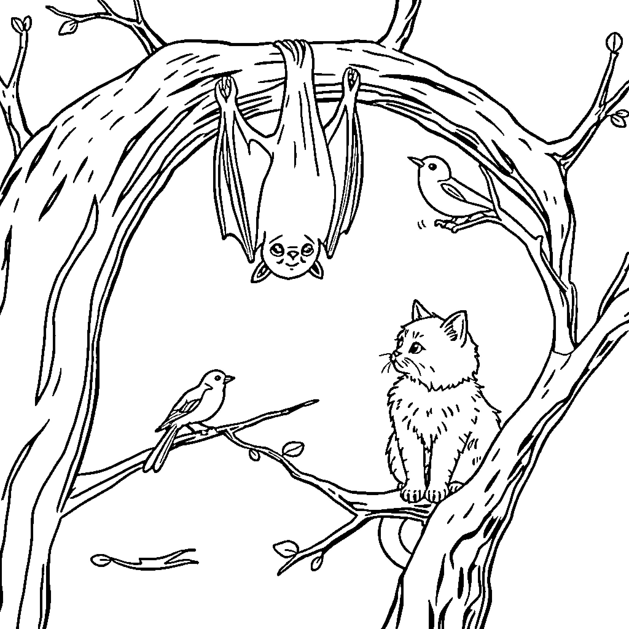 Bat hanging upside down in a tree with birds Coloring Page (free black-and-white line drawing printable PDF for all, from beginners to advanced learners, including children, teens, adults, and seniors)