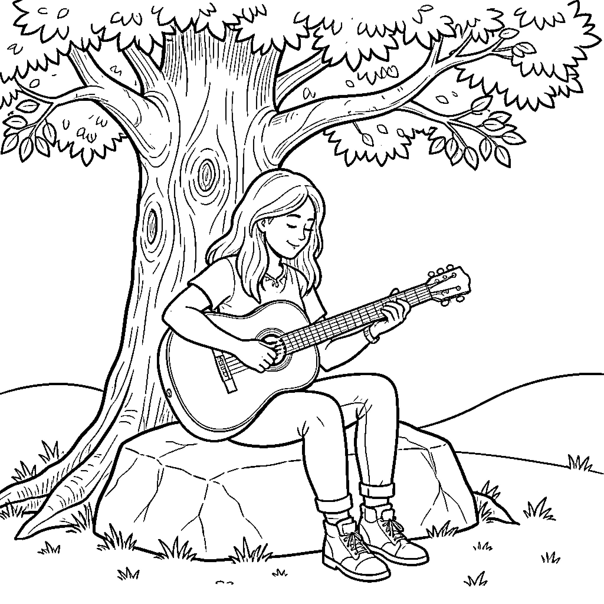 Rana playing guitar under the tree Coloring Page (free black-and-white line drawing printable PDF for all, from beginners to advanced learners, including children, teens, adults, and seniors)