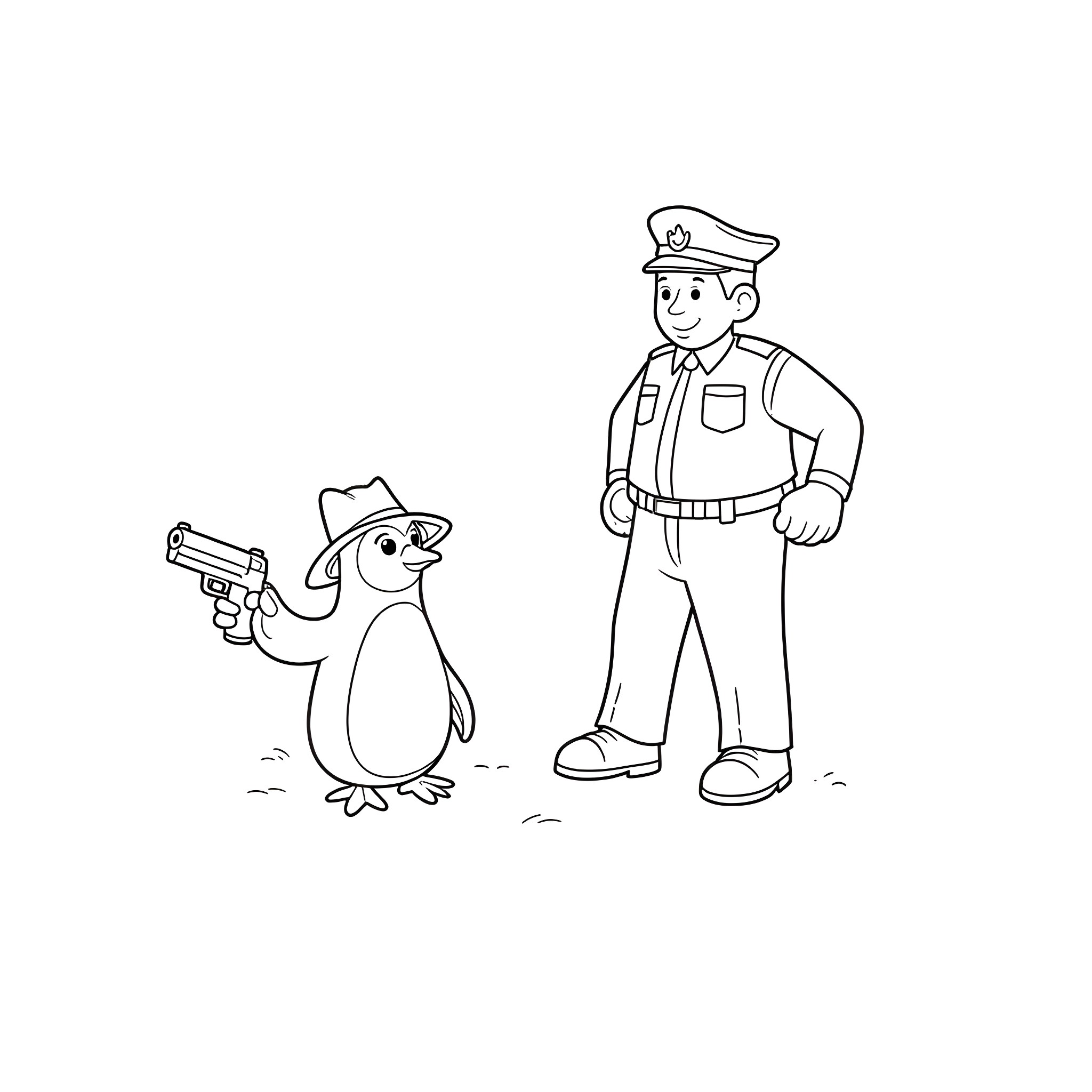 Penguin police officer apprehending a criminal Coloring Page (free black-and-white line drawing printable PDF for all, from beginners to advanced learners, including children, teens, adults, and seniors)