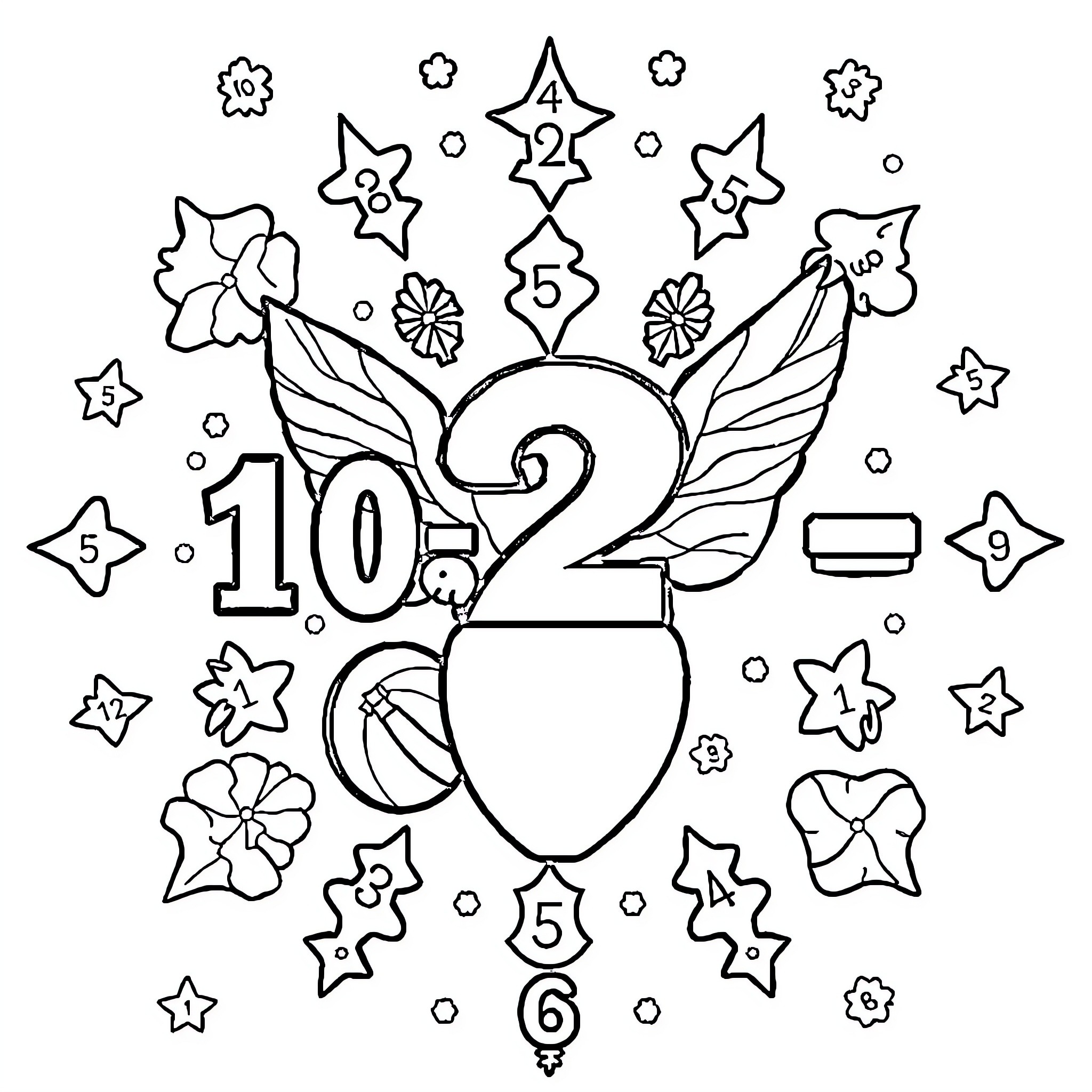 Multiplication of Whimsical Shapes and Numbers Coloring Page (free black-and-white line drawing printable PDF for all, from beginners to advanced learners, including children, teens, adults, and seniors)