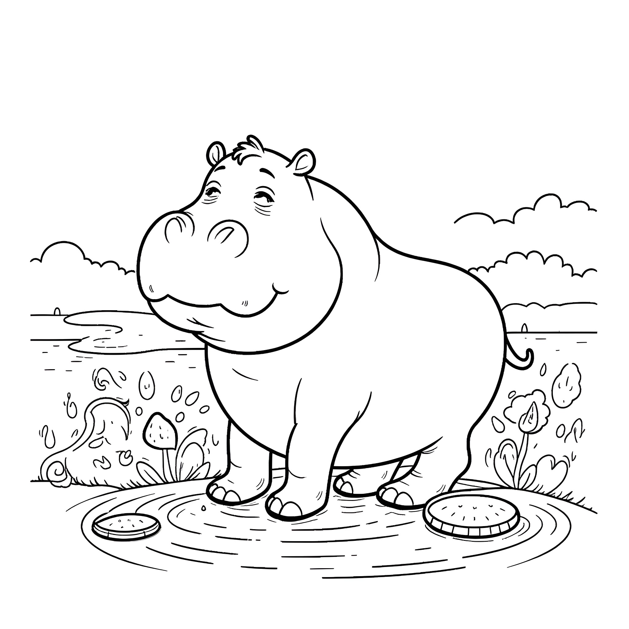 Hippopotamus splashing in the pond Coloring Page (free black-and-white line drawing printable PDF for all, from beginners to advanced learners, including children, teens, adults, and seniors)