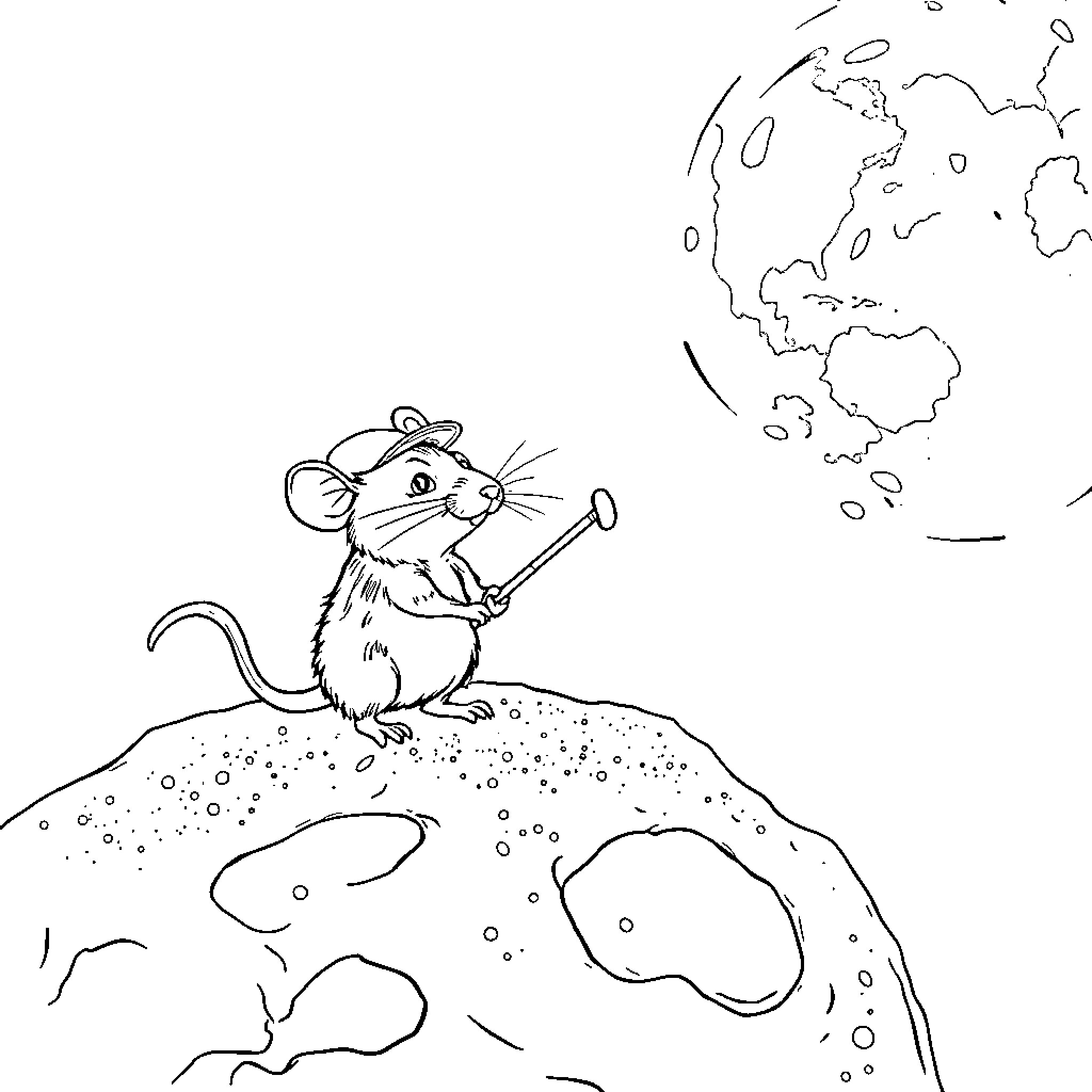 Rat exploring the world with a walking stick Coloring Page (free black-and-white line drawing printable PDF for all, from beginners to advanced learners, including children, teens, adults, and seniors)