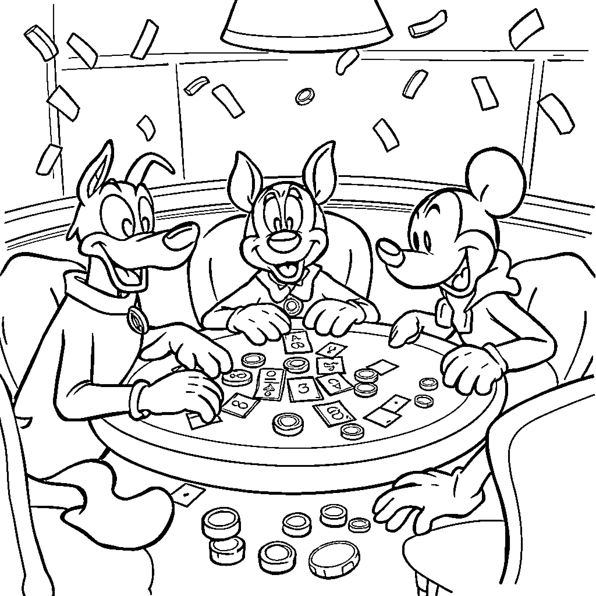 Ducks Playing Cards at the Table Coloring Page (free black-and-white line drawing printable PDF for all, from beginners to advanced learners, including children, teens, adults, and seniors)