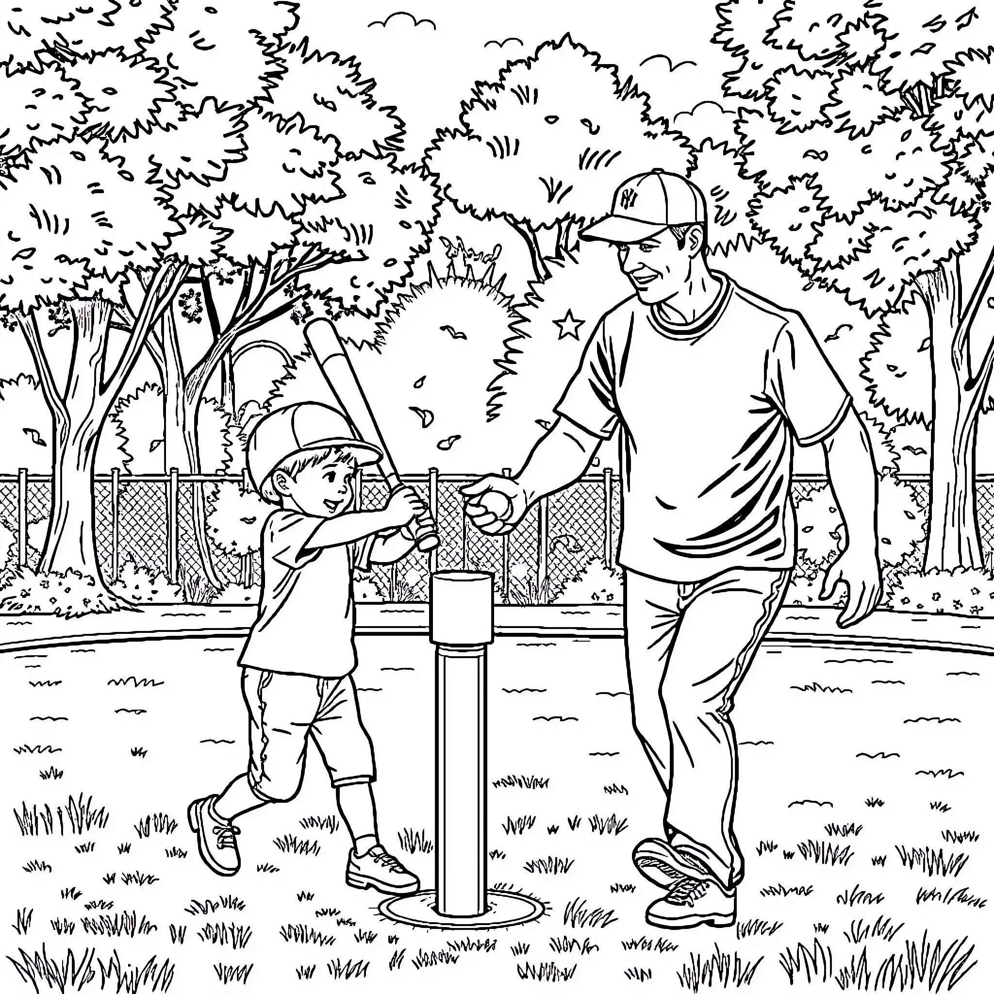 Daddy and son playing catch in the park Coloring Page (free black-and-white line drawing printable PDF for all, from beginners to advanced learners, including children, teens, adults, and seniors)