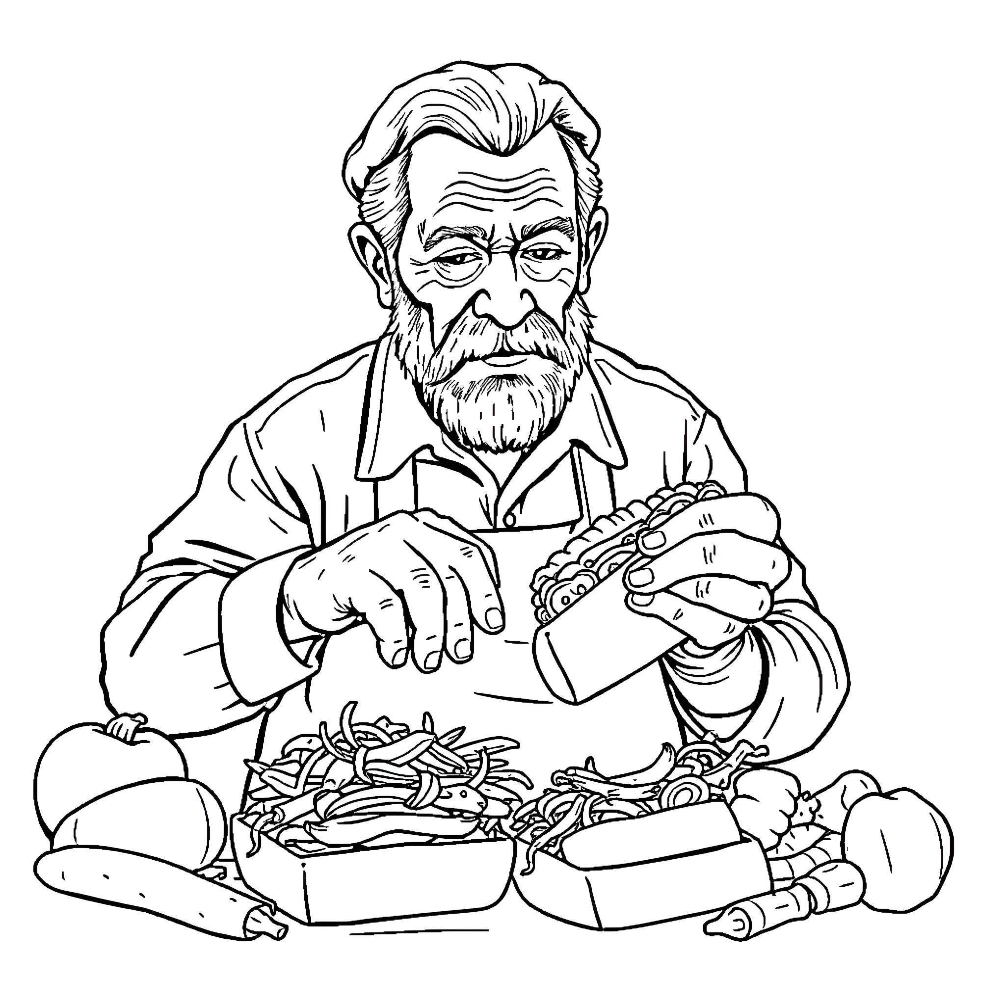 Hoagie Man Assembling Sandwich with Enthusiasm Coloring Page (free black-and-white line drawing printable PDF for all, from beginners to advanced learners, including children, teens, adults, and seniors)