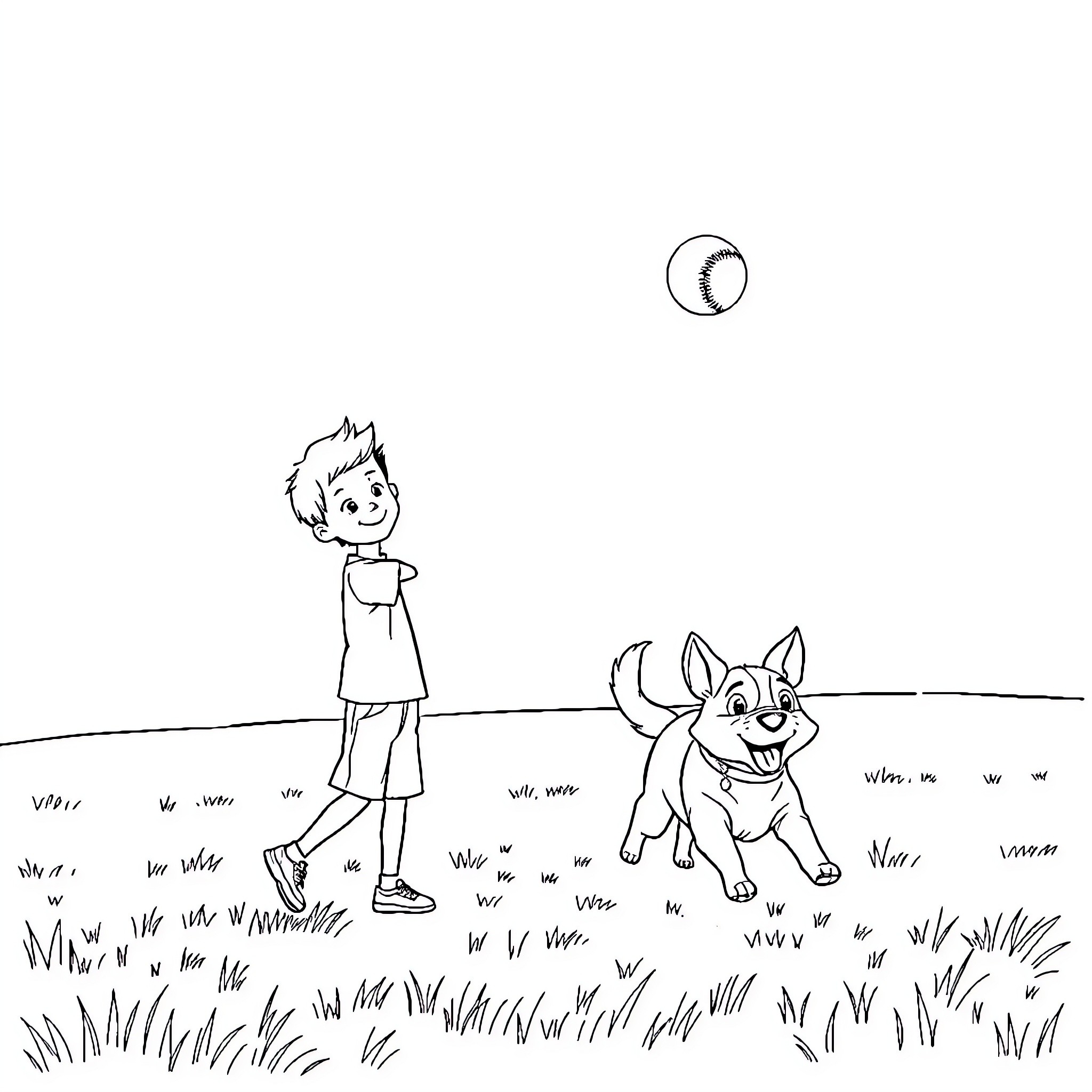 Boy and playful puppy exploring outdoor scene Coloring Page (free black-and-white line drawing printable PDF for all, from beginners to advanced learners, including children, teens, adults, and seniors)