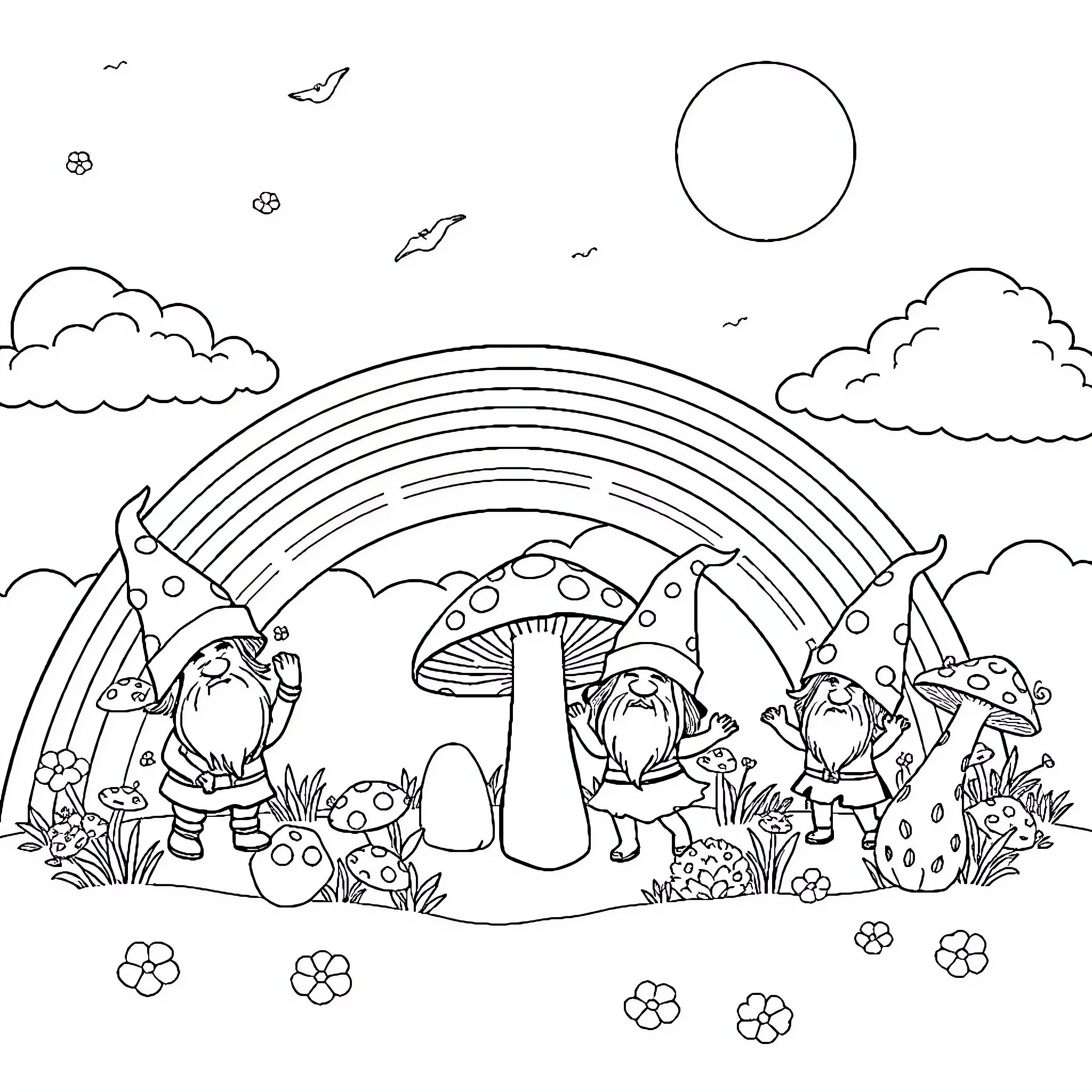 Gnomes exploring a whimsical mushroom garden Coloring Page (free black-and-white line drawing printable PDF for all, from beginners to advanced learners, including children, teens, adults, and seniors)