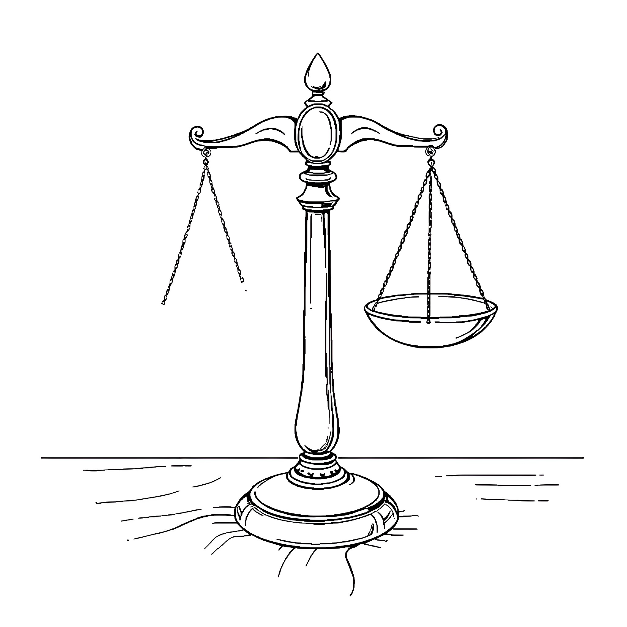 Scale of Justice in Balanced Composition Coloring Page (free black-and-white line drawing printable PDF for all, from beginners to advanced learners, including children, teens, adults, and seniors)
