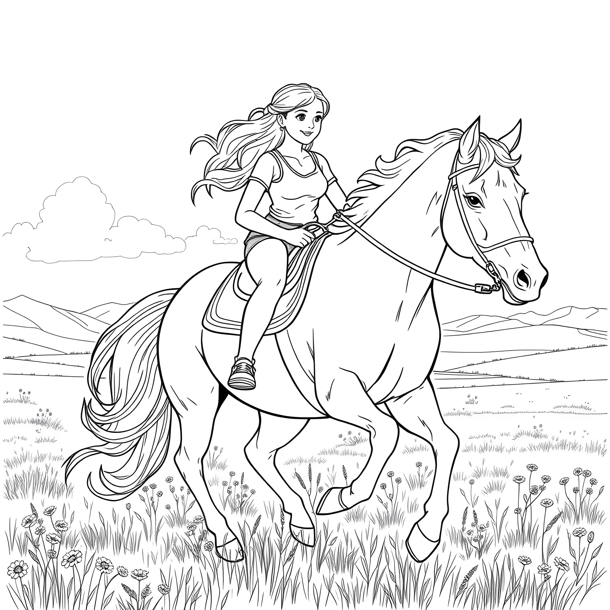 Teen Girl Riding Horse in Meadow Coloring Page (free black-and-white line drawing printable PDF for all, from beginners to advanced learners, including children, teens, adults, and seniors)