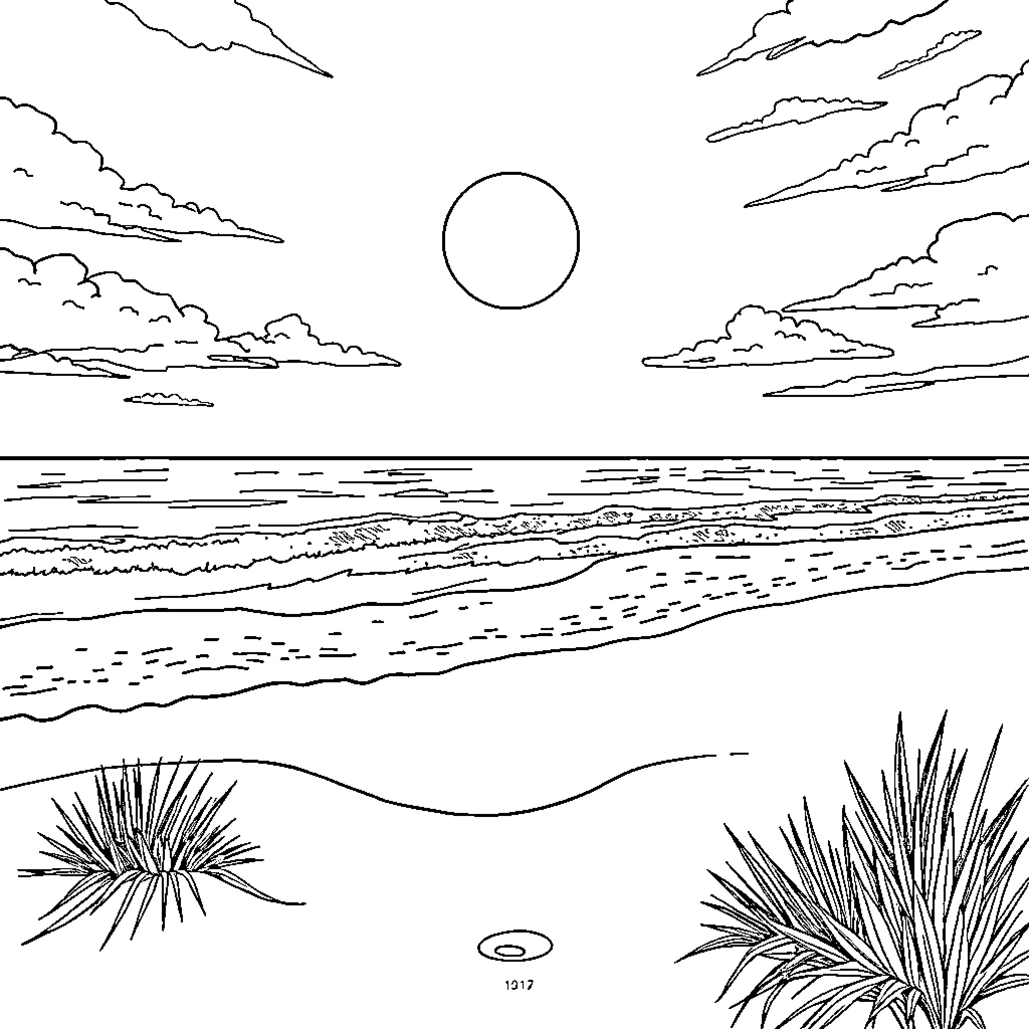 Nirvana: Serene Coastal Landscape Coloring Page (free black-and-white line drawing printable PDF for all, from beginners to advanced learners, including children, teens, adults, and seniors)