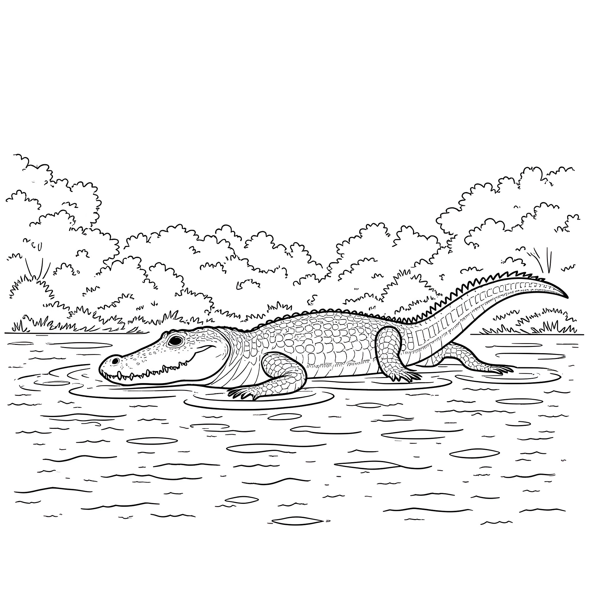 Gator relaxing in the swampy waters Coloring Page (free black-and-white line drawing printable PDF for all, from beginners to advanced learners, including children, teens, adults, and seniors)