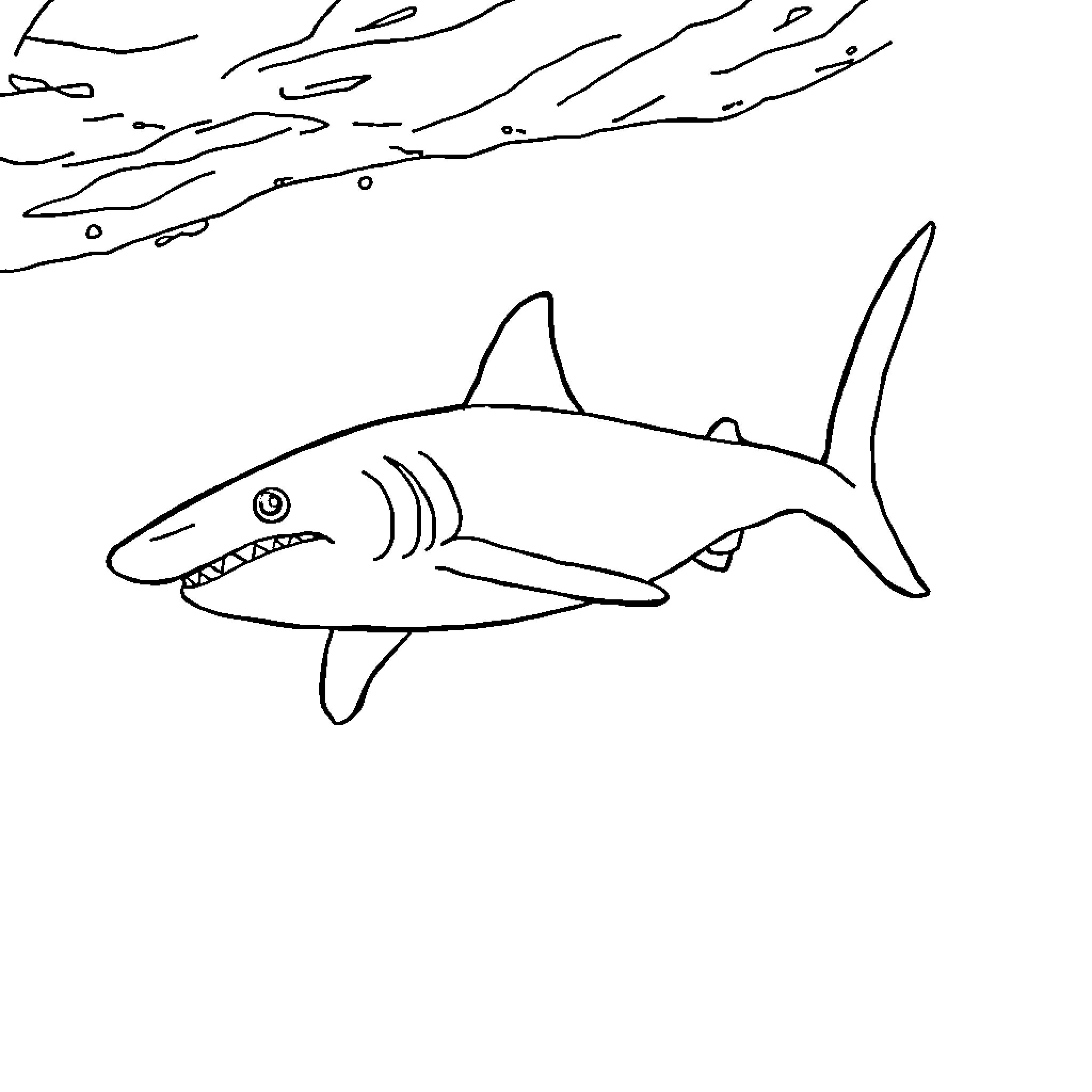 Shark swimming in the ocean Coloring Page (free black-and-white line drawing printable PDF for all, from beginners to advanced learners, including children, teens, adults, and seniors)