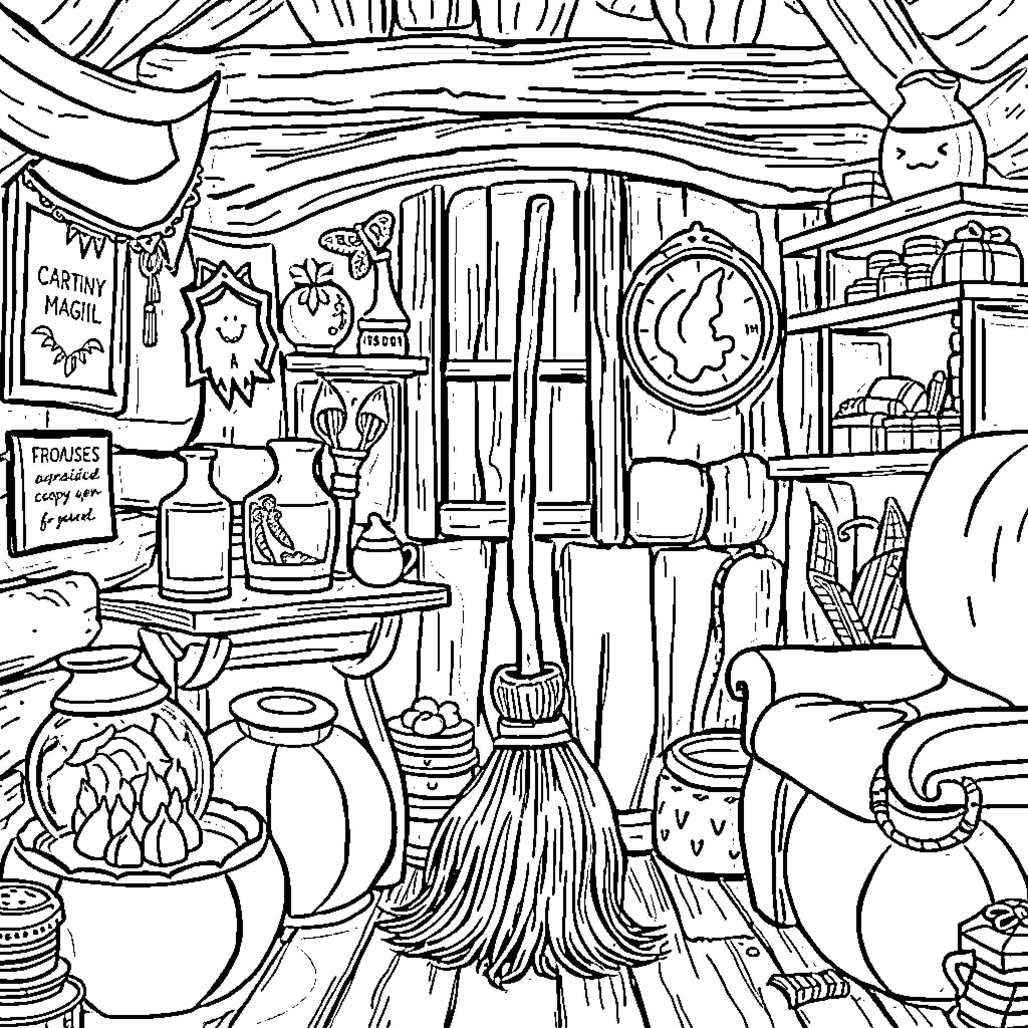 Room on the Broom - Cozy Witch's Cottage Interior Coloring Page (free black-and-white line drawing printable PDF for all, from beginners to advanced learners, including children, teens, adults, and seniors)
