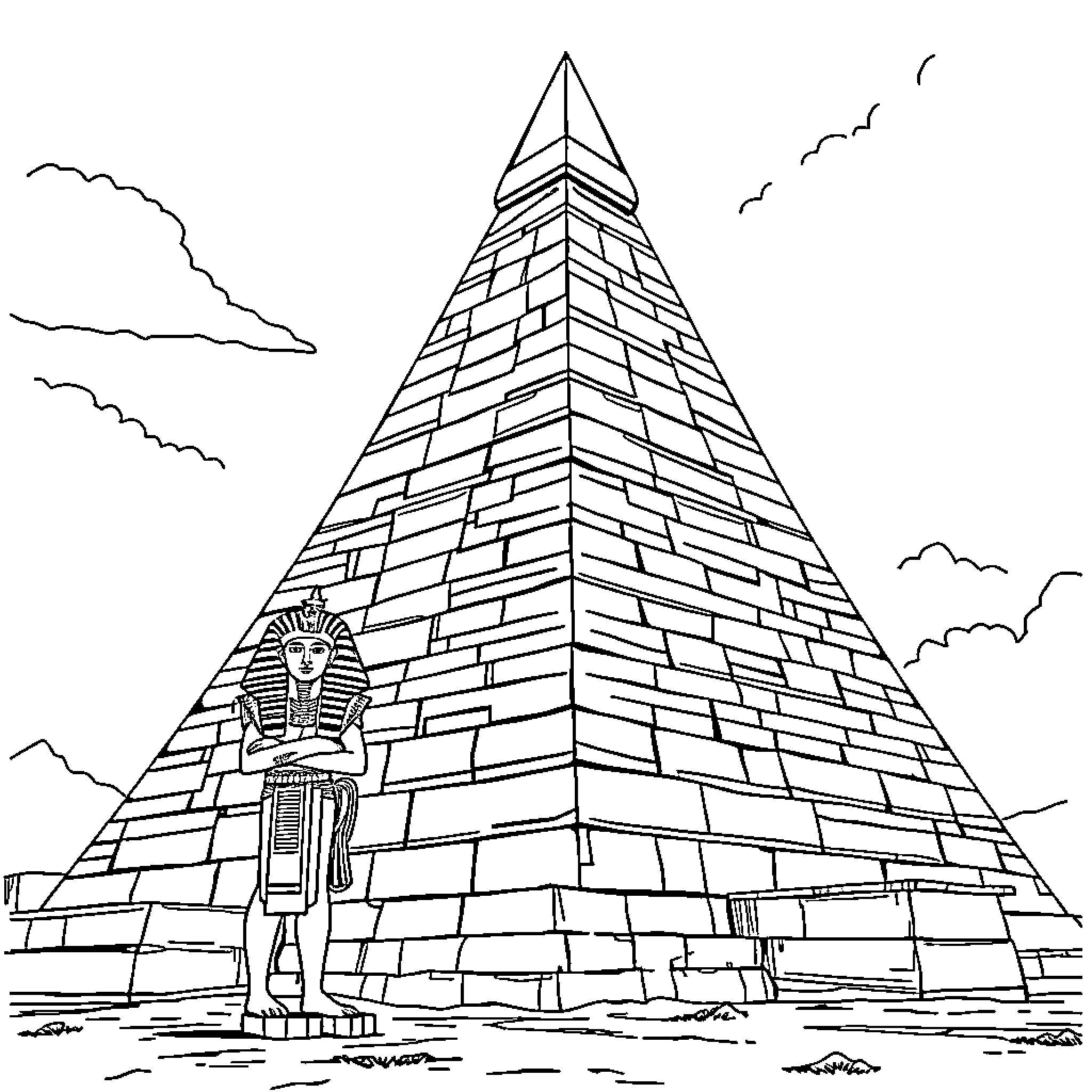 Pyramid with Egyptian figure in the foreground Coloring Page (free black-and-white line drawing printable PDF for all, from beginners to advanced learners, including children, teens, adults, and seniors)