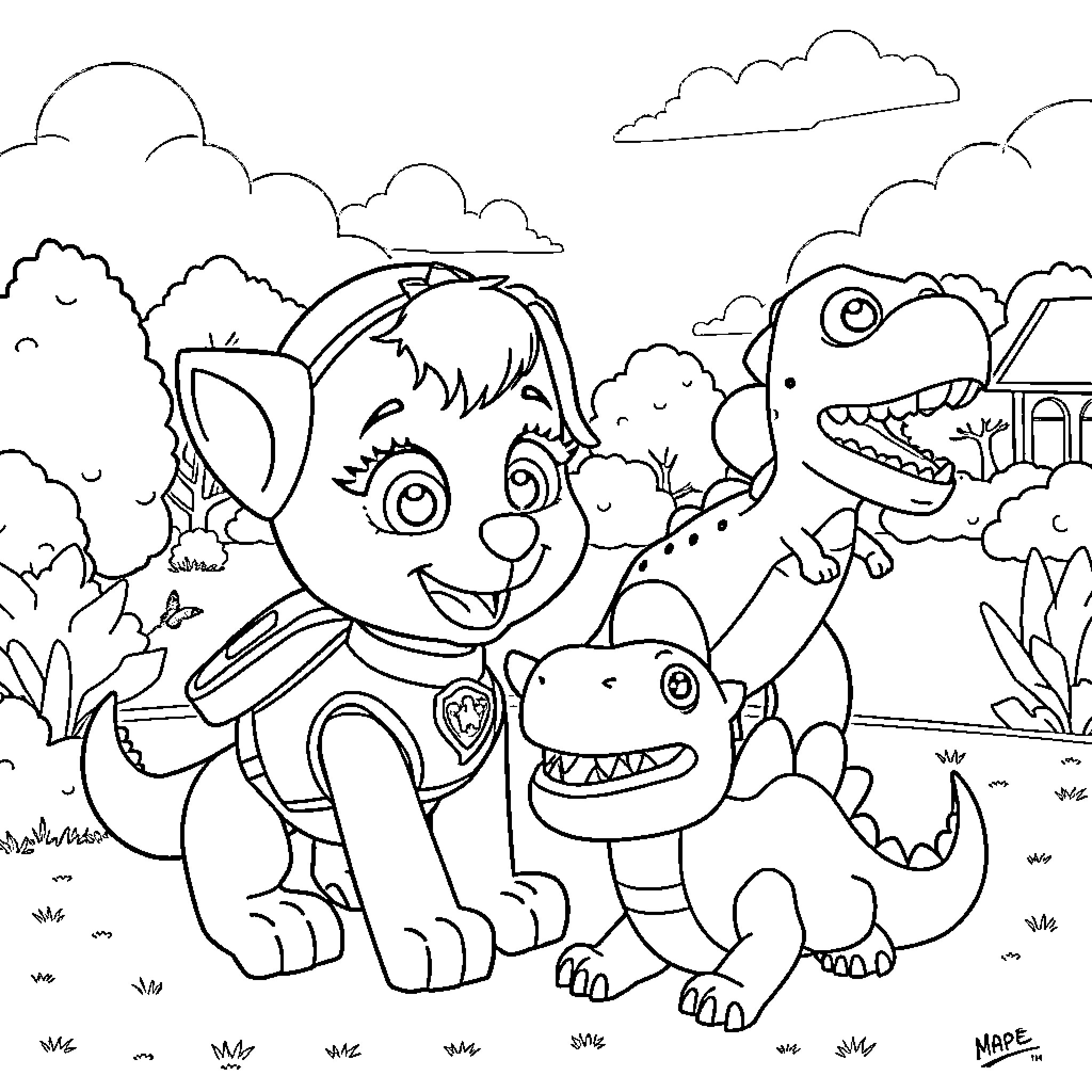 Skye and her dinosaur friends explore the outdoors Coloring Page (free black-and-white line drawing printable PDF for all, from beginners to advanced learners, including children, teens, adults, and seniors)
